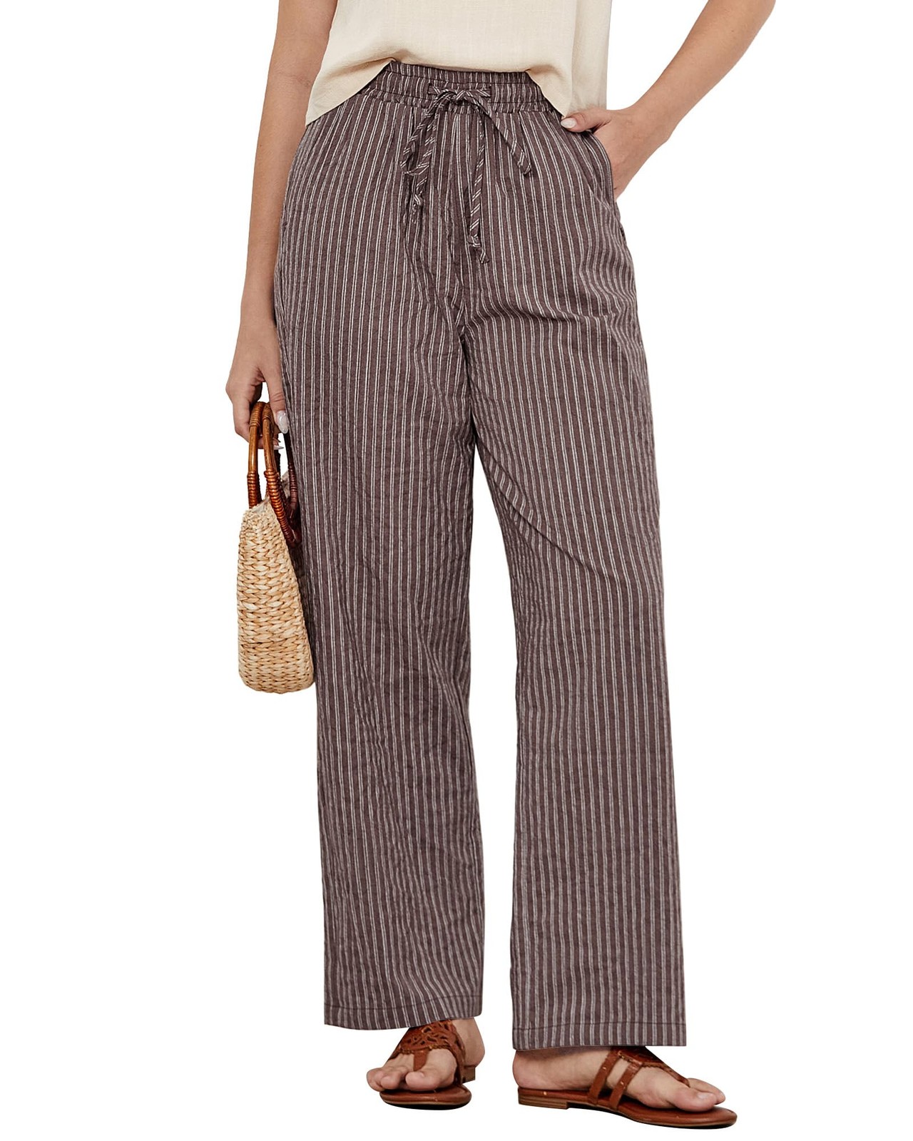 Womens Striped Pants High Waisted Wide Leg Cotton Linen Elastic Waist Flowy