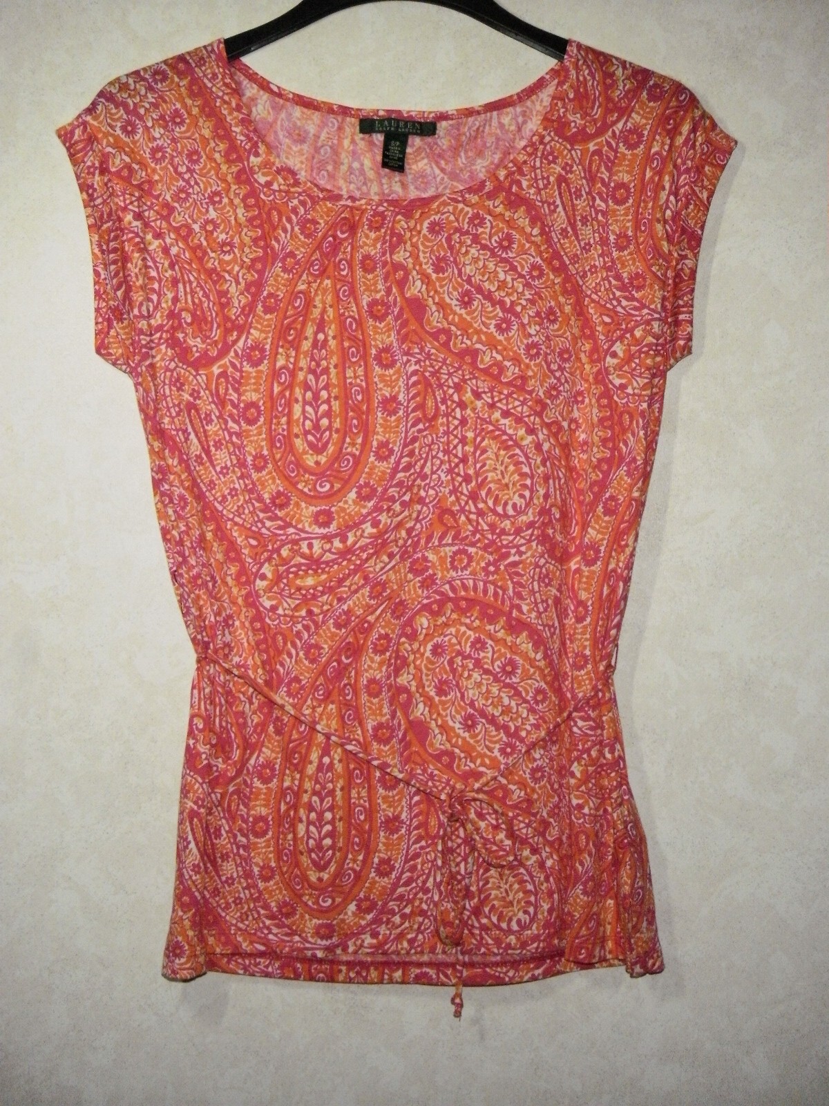 Lauren Ralph Lauren Top Women S/P Pink Coral Paisley Tie Waist Sleeveless