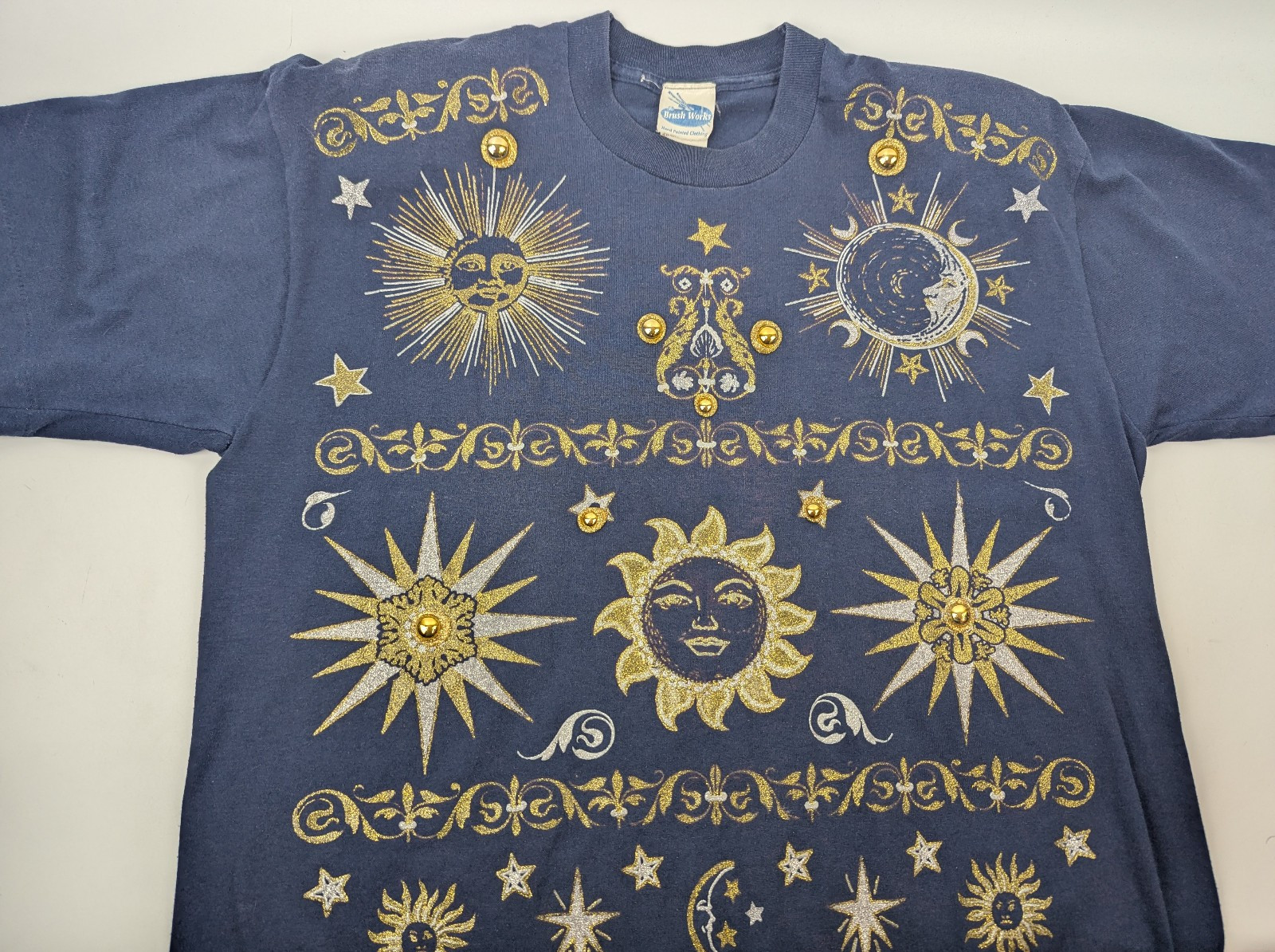 Vintage Brush Works Celestial Sun Moon Stars Hand-Painted OS T-Shirt Whimsigoth