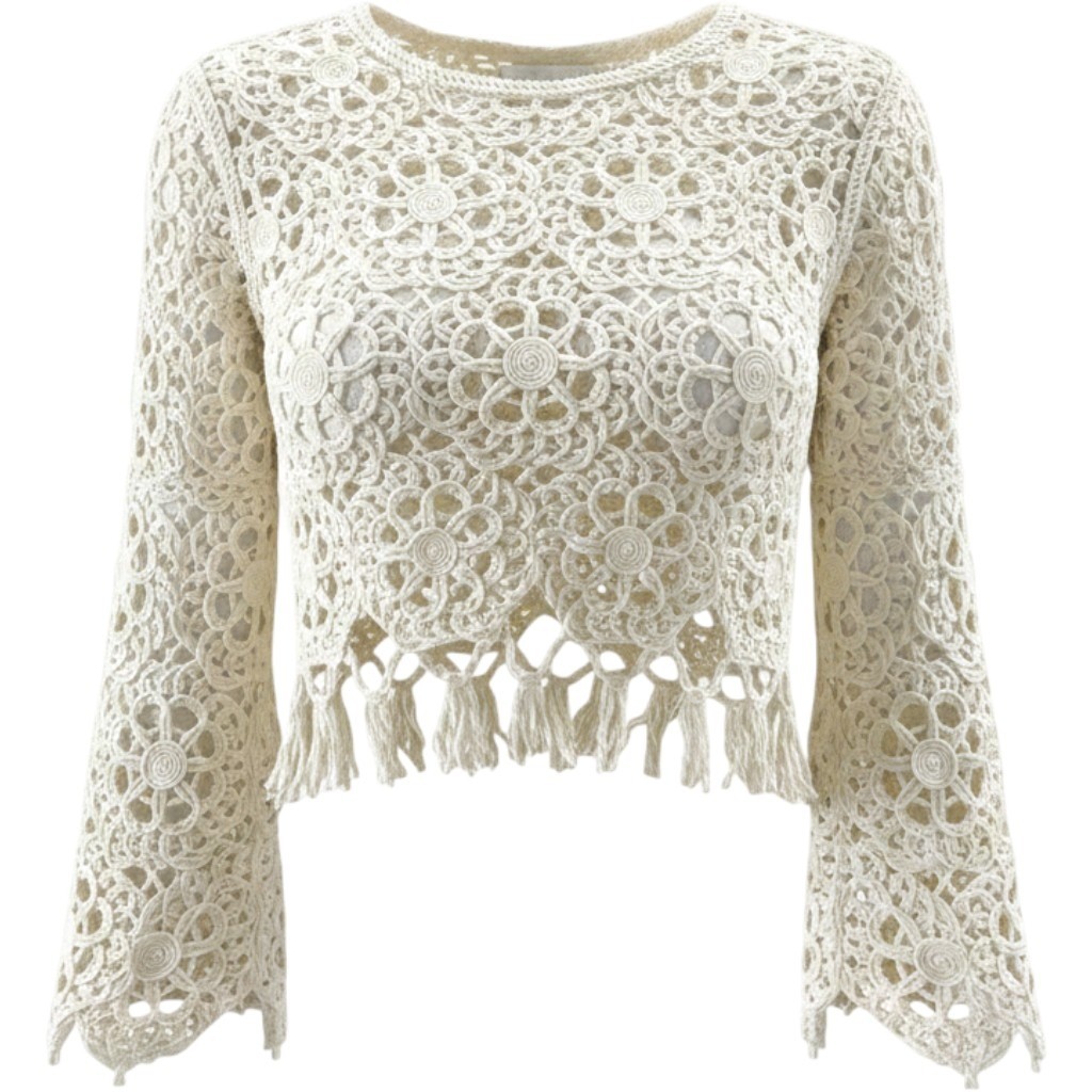 Crochet Top Womens Size 1 Cream Floral Lace Tassel Boho 70s Festival