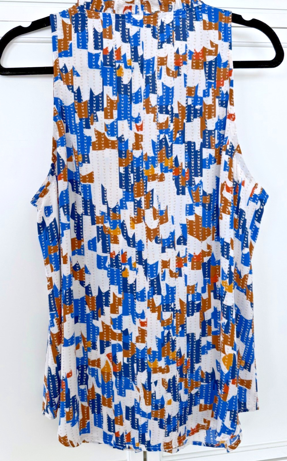 EUC Cabi Jigsaw Blue Burnt Orange Geometric Sleeveless Top Blouse L Large #6106