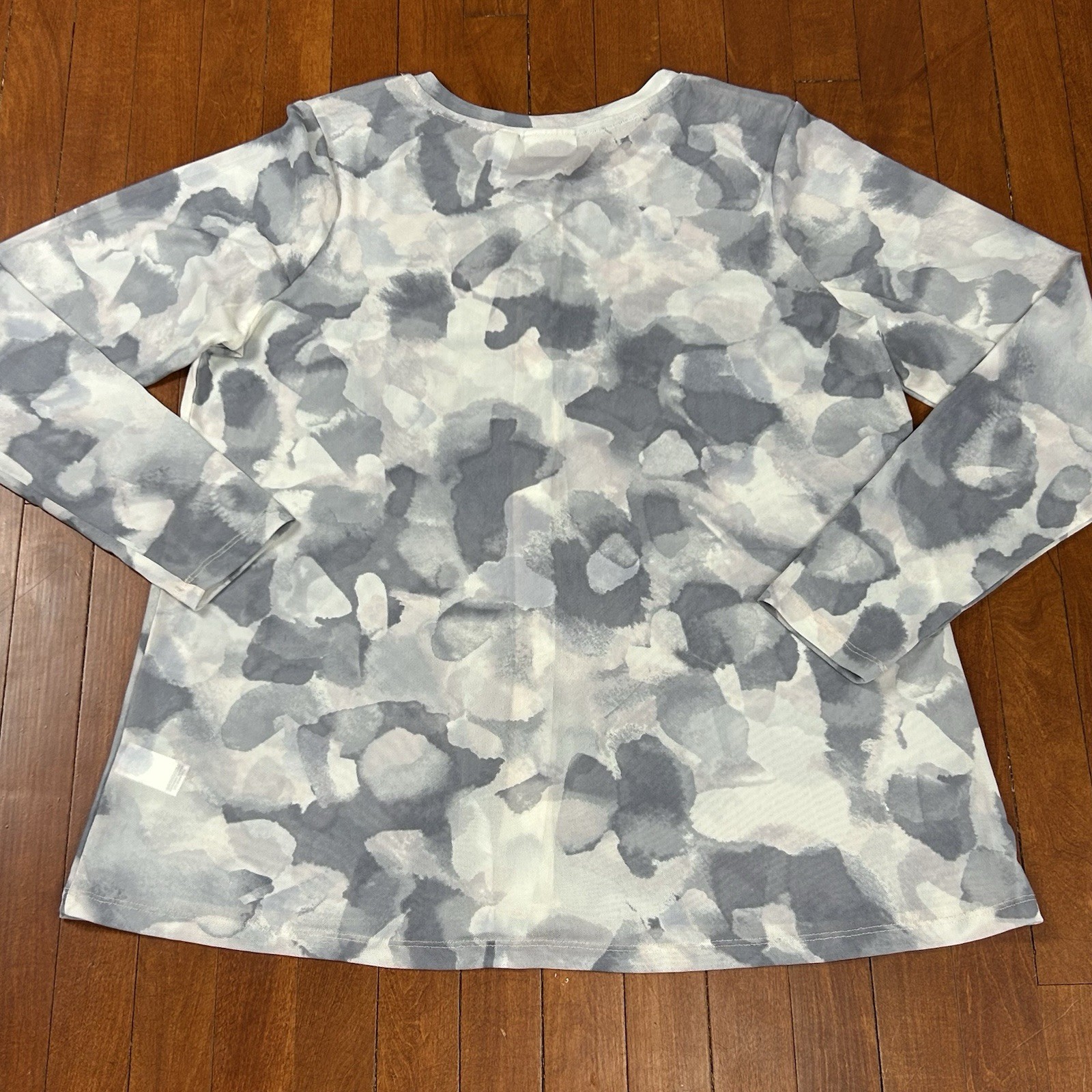 LOGO Lori Goldstein Gray Printed Button Down Top Blouse Size L Watercolor Mesh