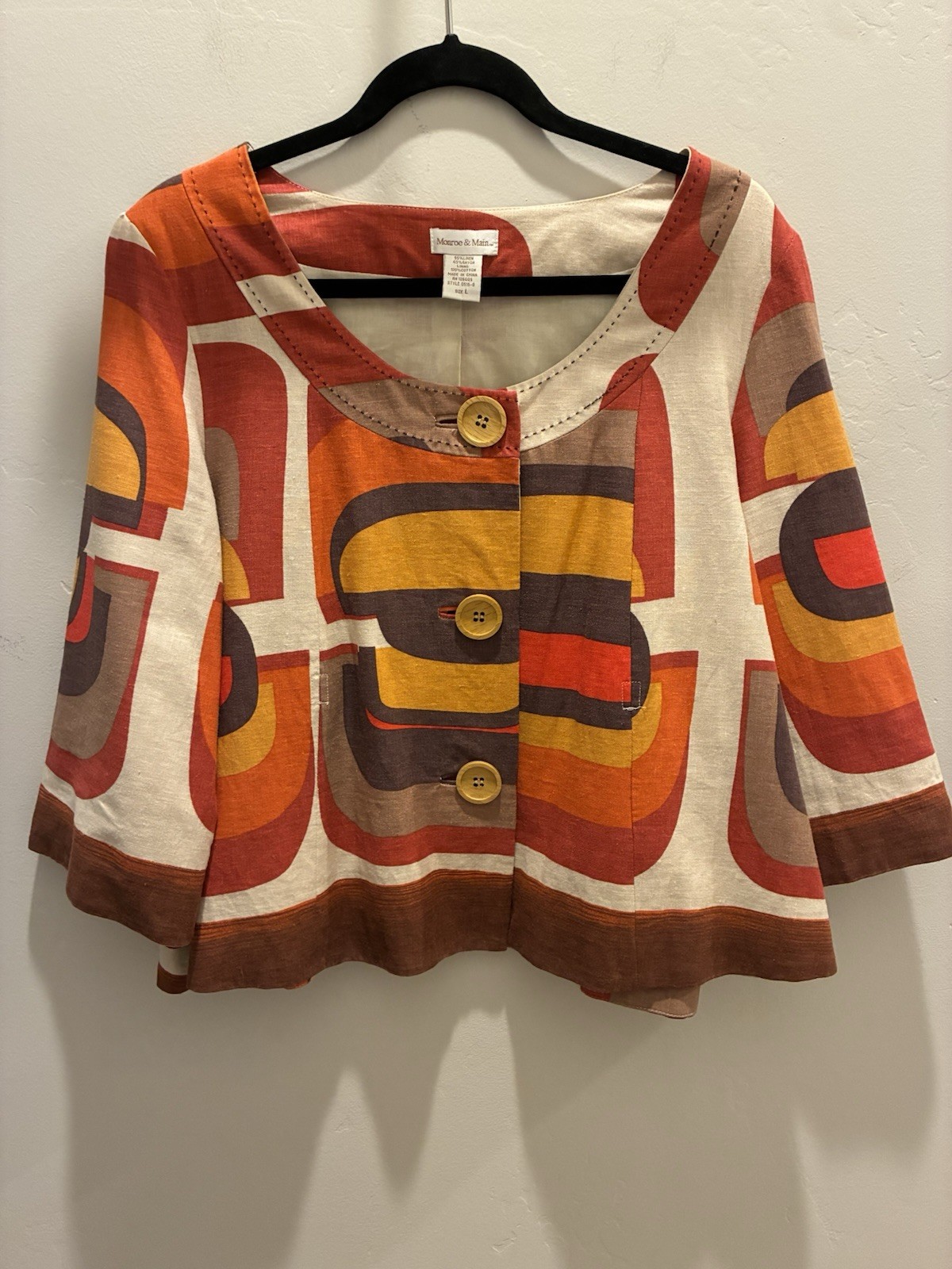 Monroe & Main Women’s Multicolor Geometric Scoop Neck 3/4 Button Blouse L