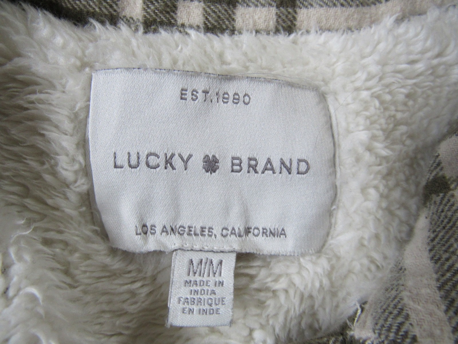 Lucky Brand Jacket Green Ivory Cream Plaid Fleece Lined Flannel Shacket M Medium