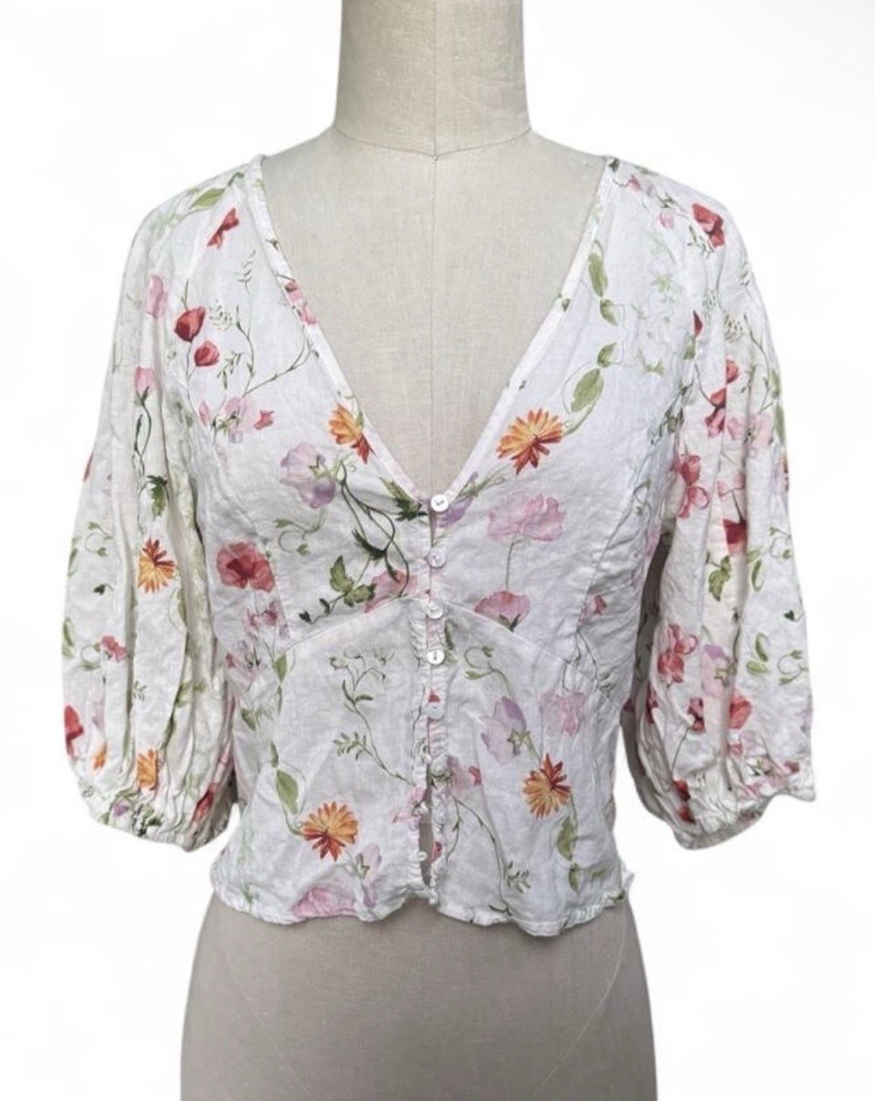 Floral Linen Blend Deep V Neck Elbow Length Pouf Sleeve Blouse Buttons Cottage S