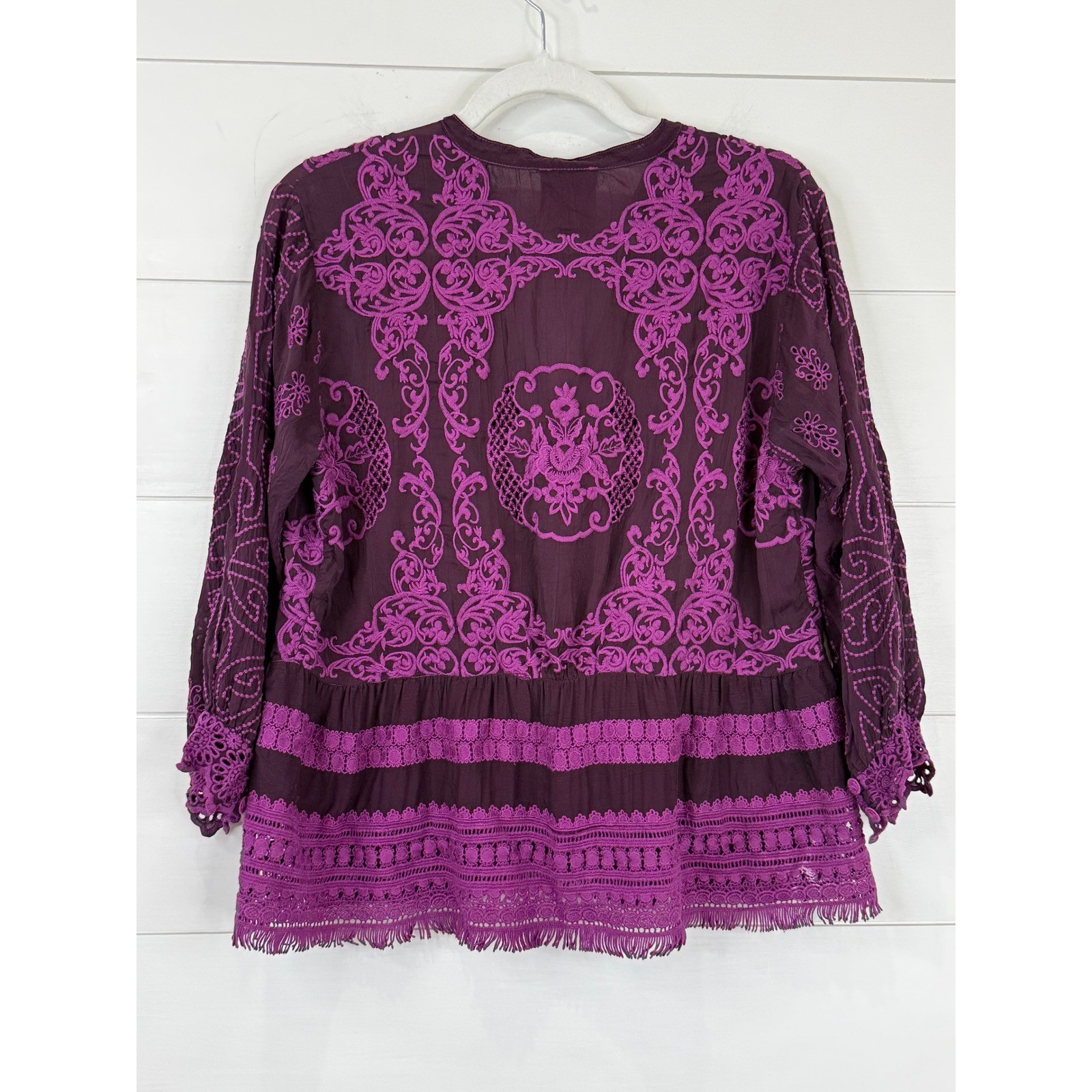 Johnny Was Polyvore Juniper Embroidered Fringe Crochet Boho Blouse Purple S