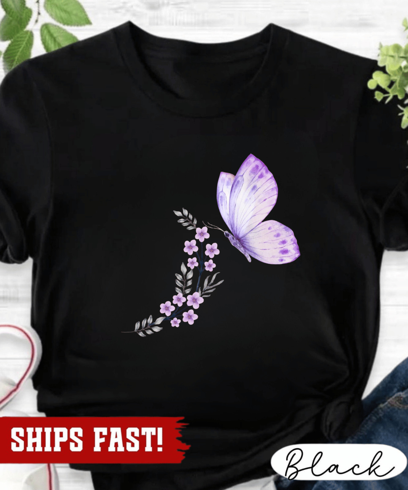 Butterfly Floral Shirt, Botanical Tee, Gift for Her, Flower Graphic Tshirt, Spri