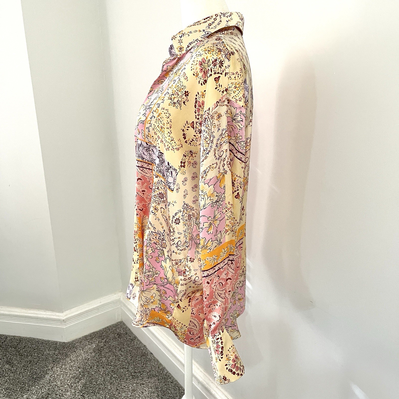 Zara Satin Paisley Patchwork Top Womens Medium Collared Oversized Button Front