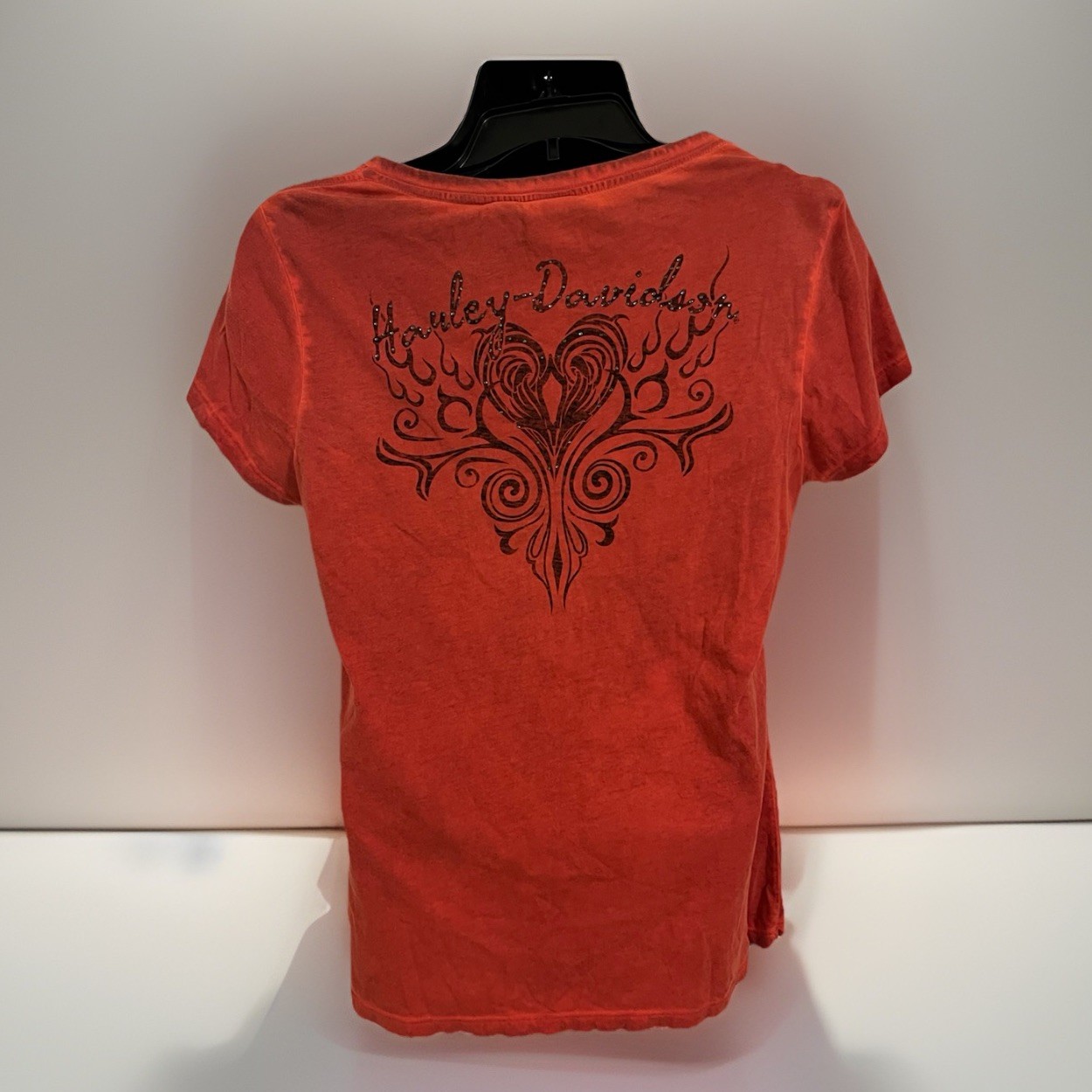 Y2K Harley Davidson Tattoo Biker Grunge Baby Tee T Shirt Red Vneck Rhinestone XL