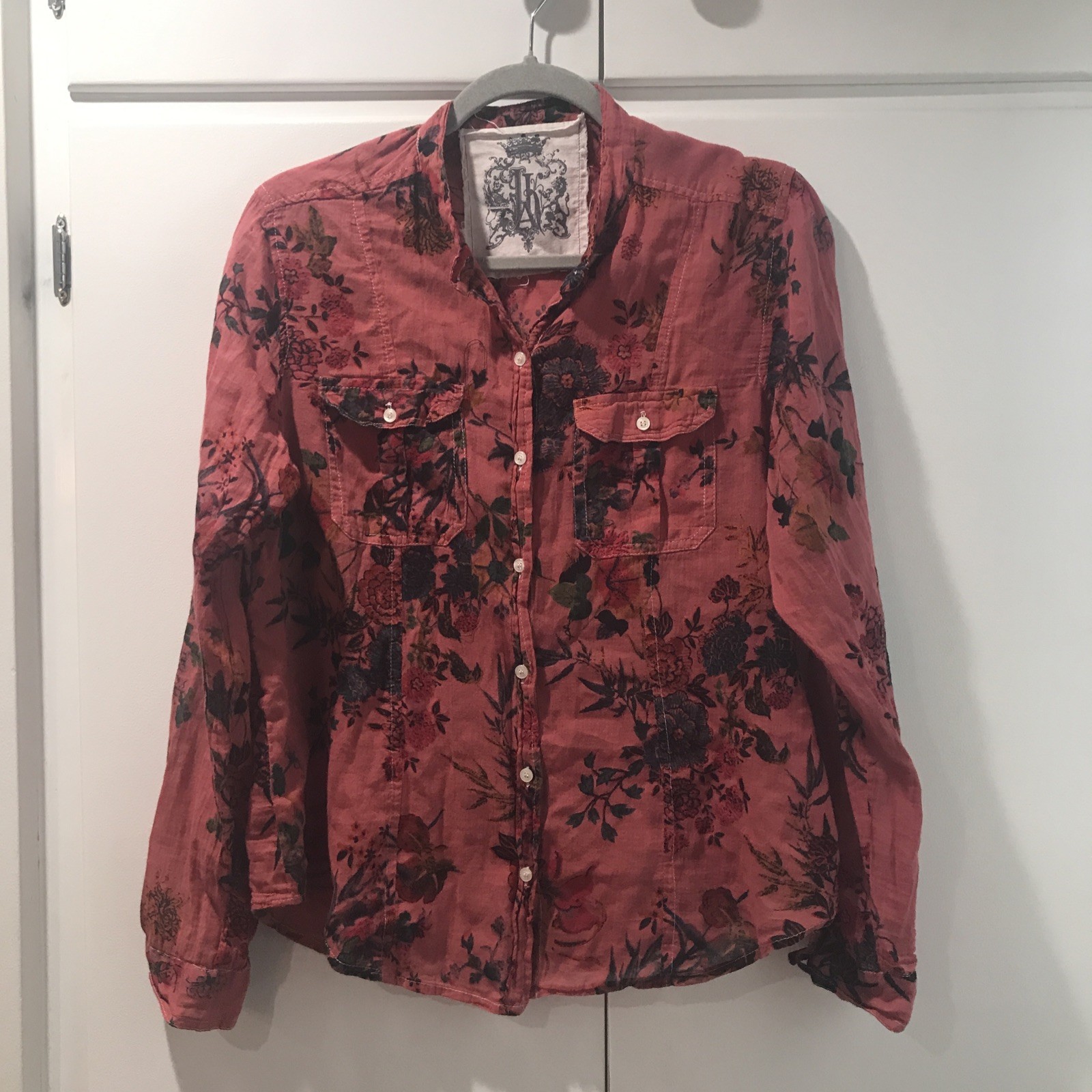 Jak Women Shirt Red Floral M Long Sleeve Made In USA 100% Cotton