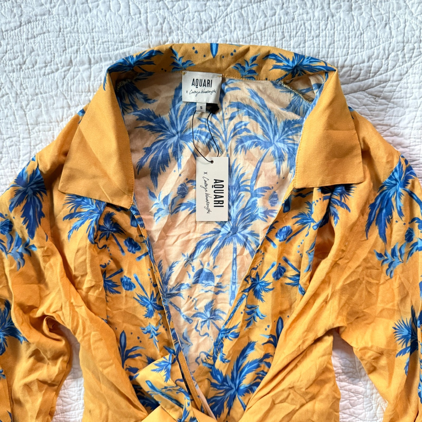 $198 NWT Aquari Yellow Blue Palm Tree Robe Wrap Dress Size S Boho Resort Wear