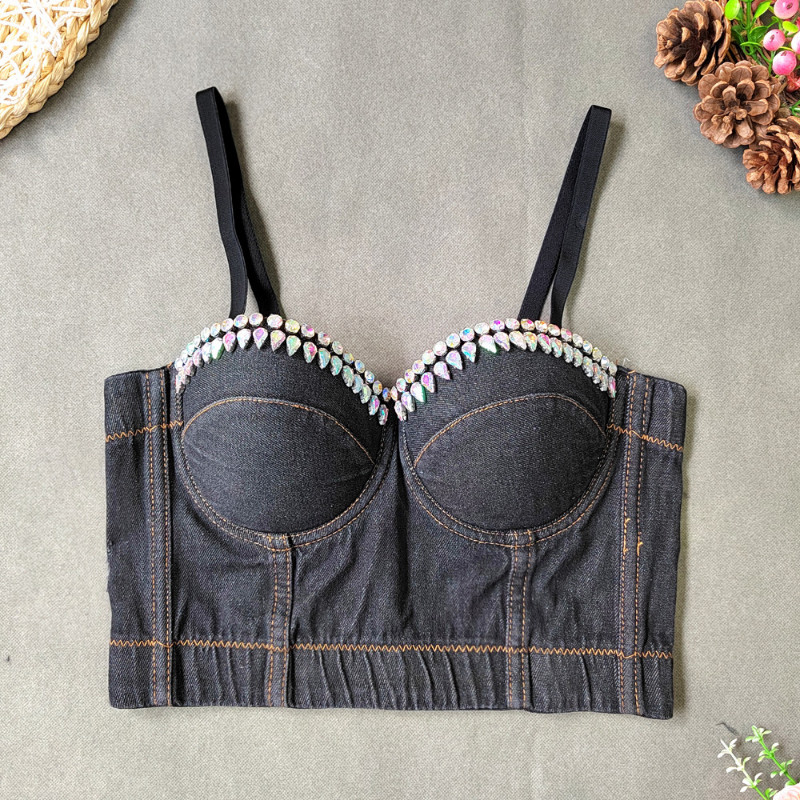 Lady Rhinestone Denim Bustier Crop Top Adjustable Strap Push Up Bra Camisole Top