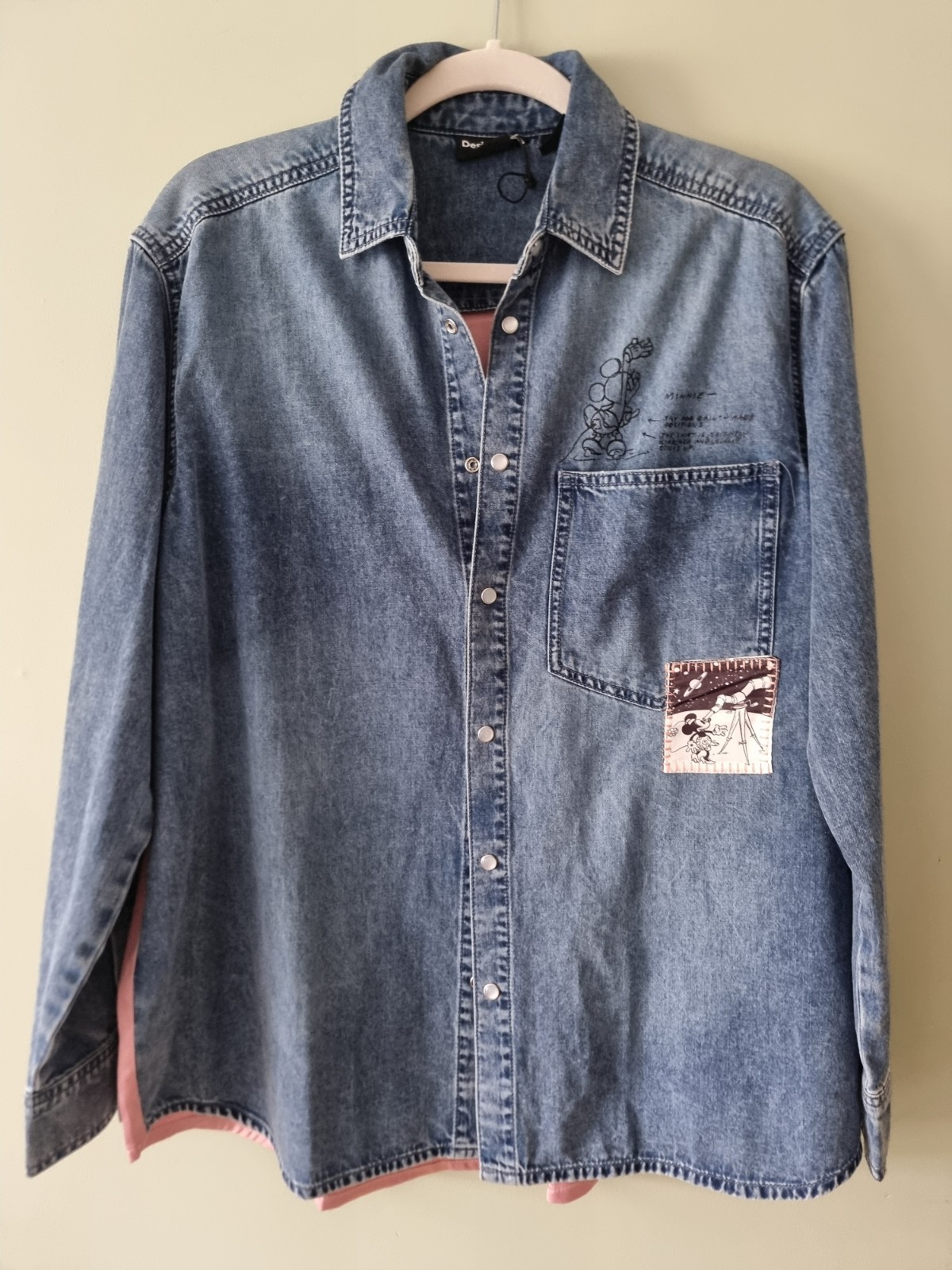 Desigual Disney Denim Pearl Snap Shirt Large Mickey Mouse Satin Back Shacket