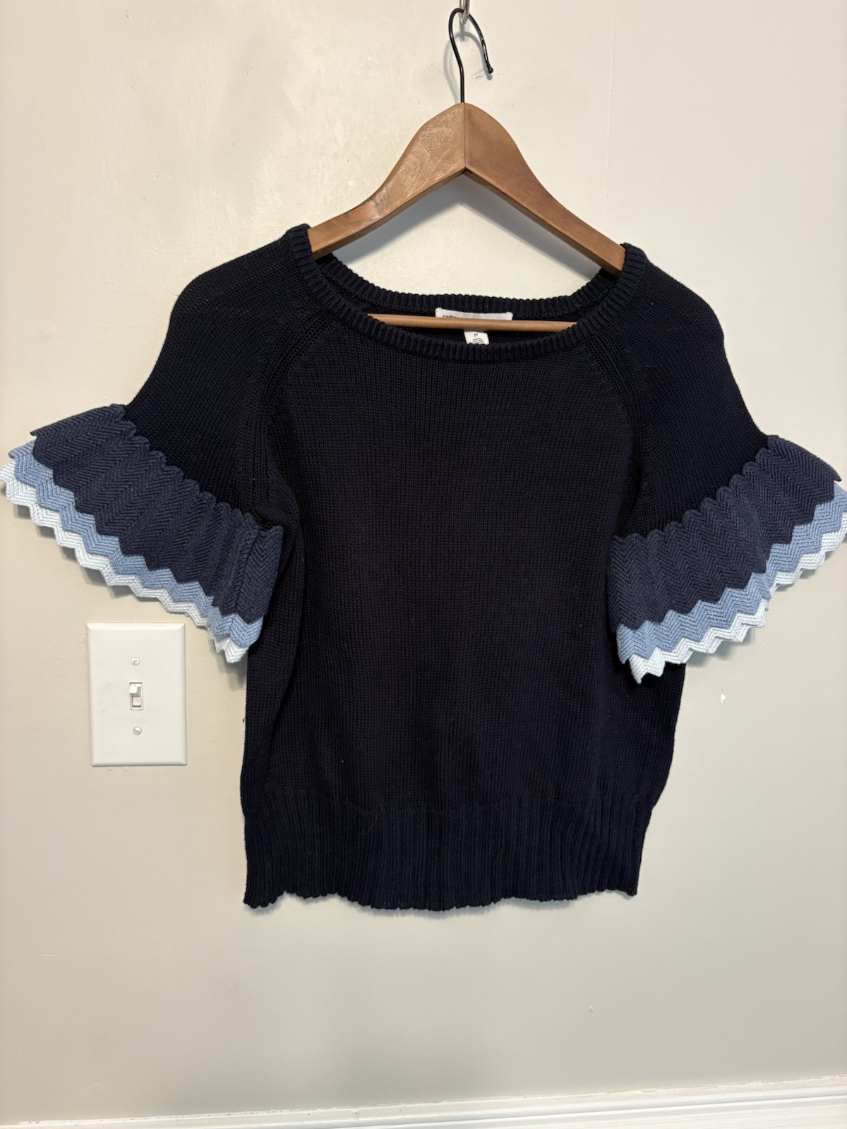 Cotton by Autumn Cashmere Navy Blue Ruffle Sleeve Sweater Top Italian Yarn Sz M