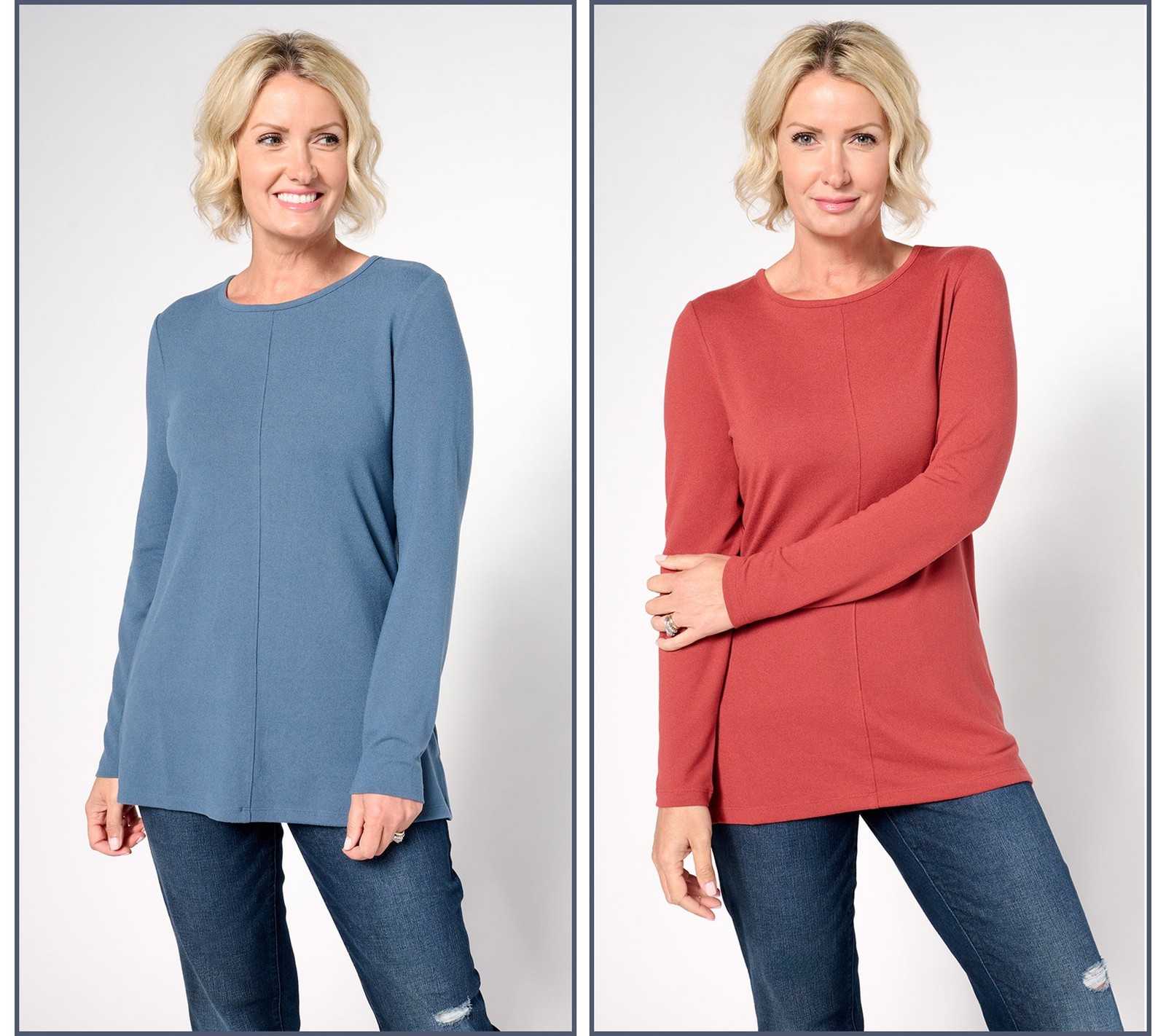 Denim & Co. 2-Pack Heavenly Jersey Long Sleeve Tunic Tops StrmyBlue/Berry XL New