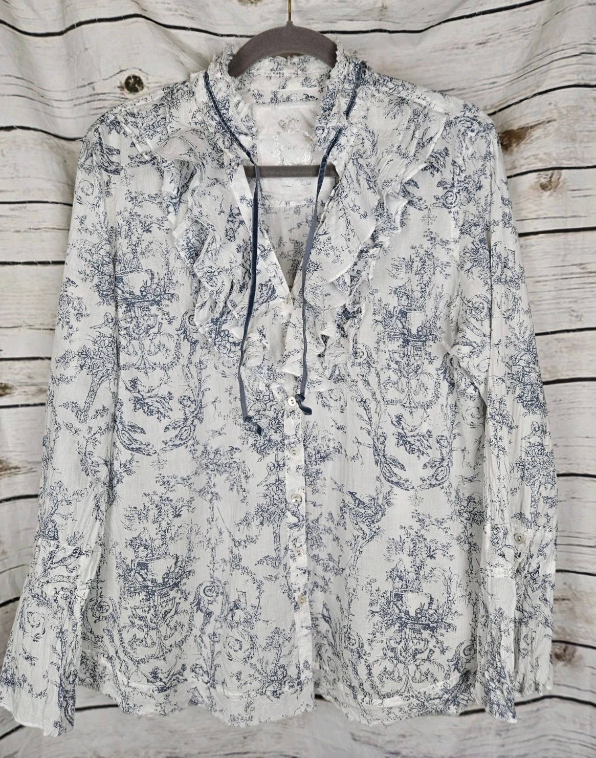 Cino Toile Blue Floral Button Up Top XL 100% Cotton Velvet Ties