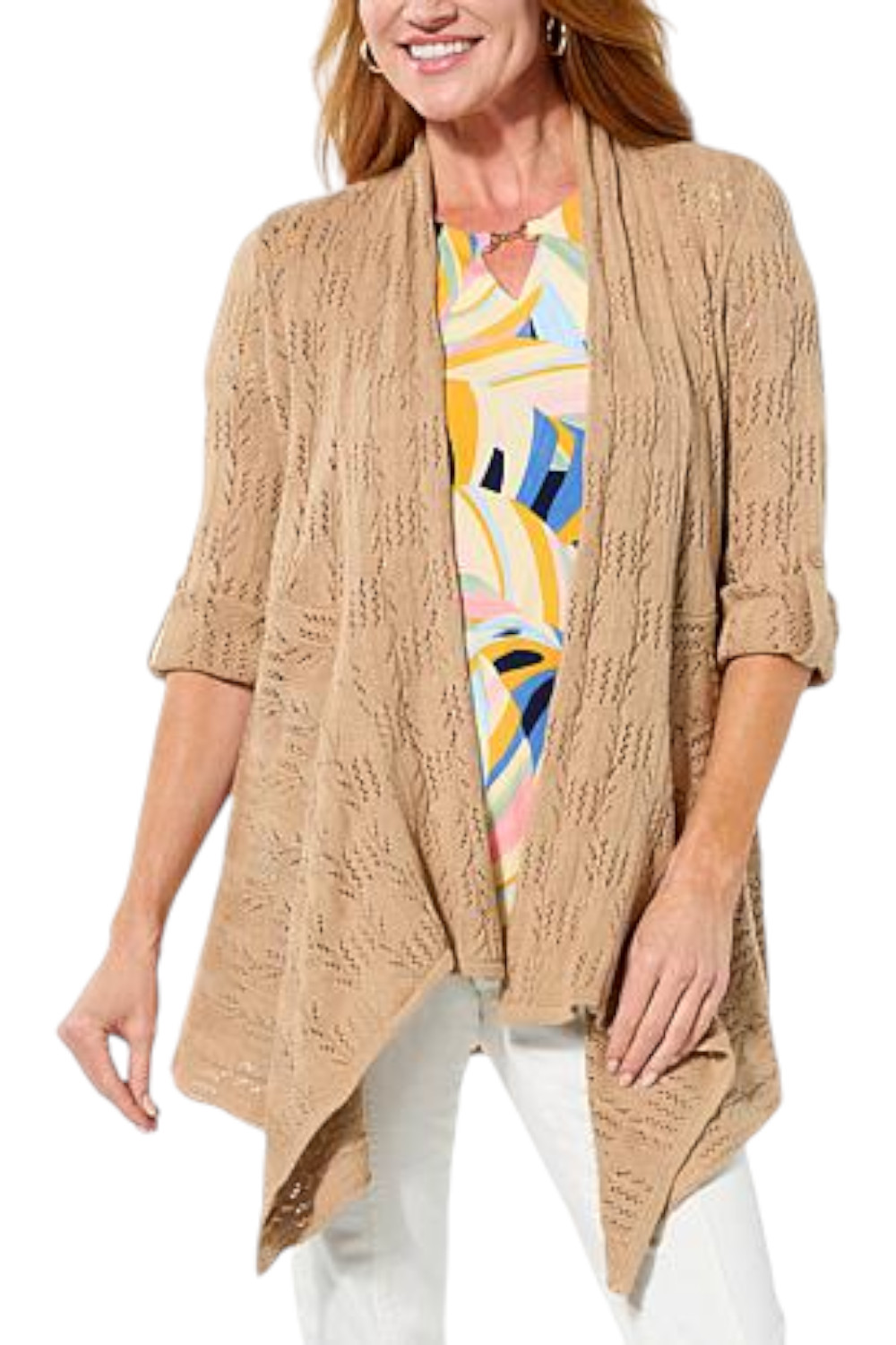 Nina Leonard Women’s 3/4 Tab Sleeve Crochet Cardigan Tan