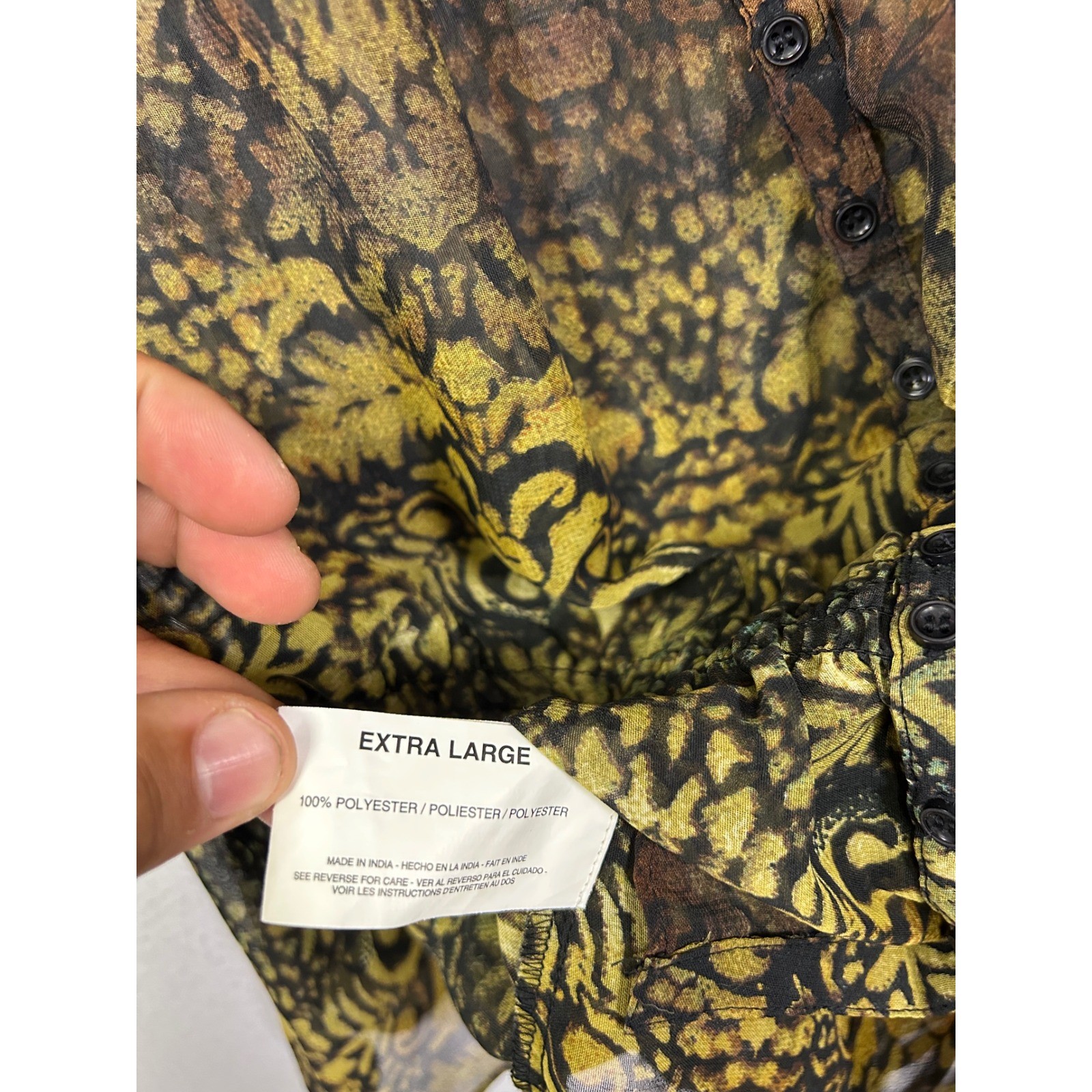 Whimsigoth Boho Bandolino Womens XL Gold Brown Sheer Smocked Damask Blouse Top