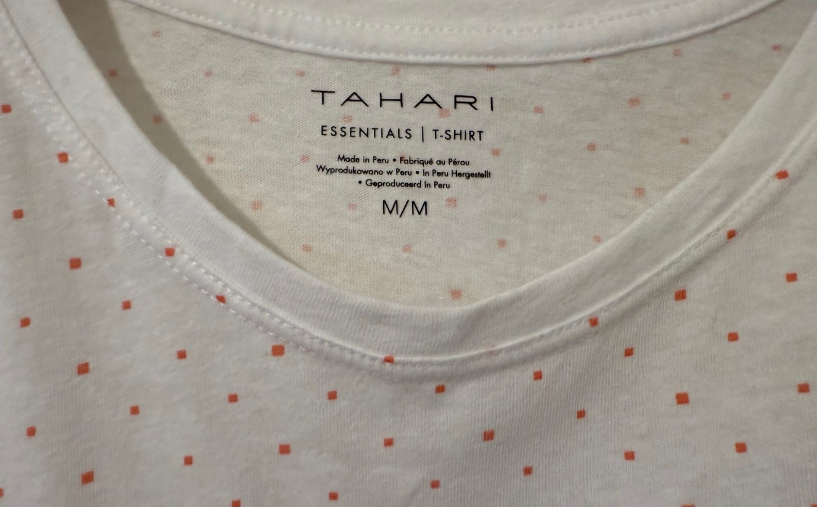 Tahari Essentials T-Shirt White W/ Pink Squares Cotton Blend Round Neck Size M