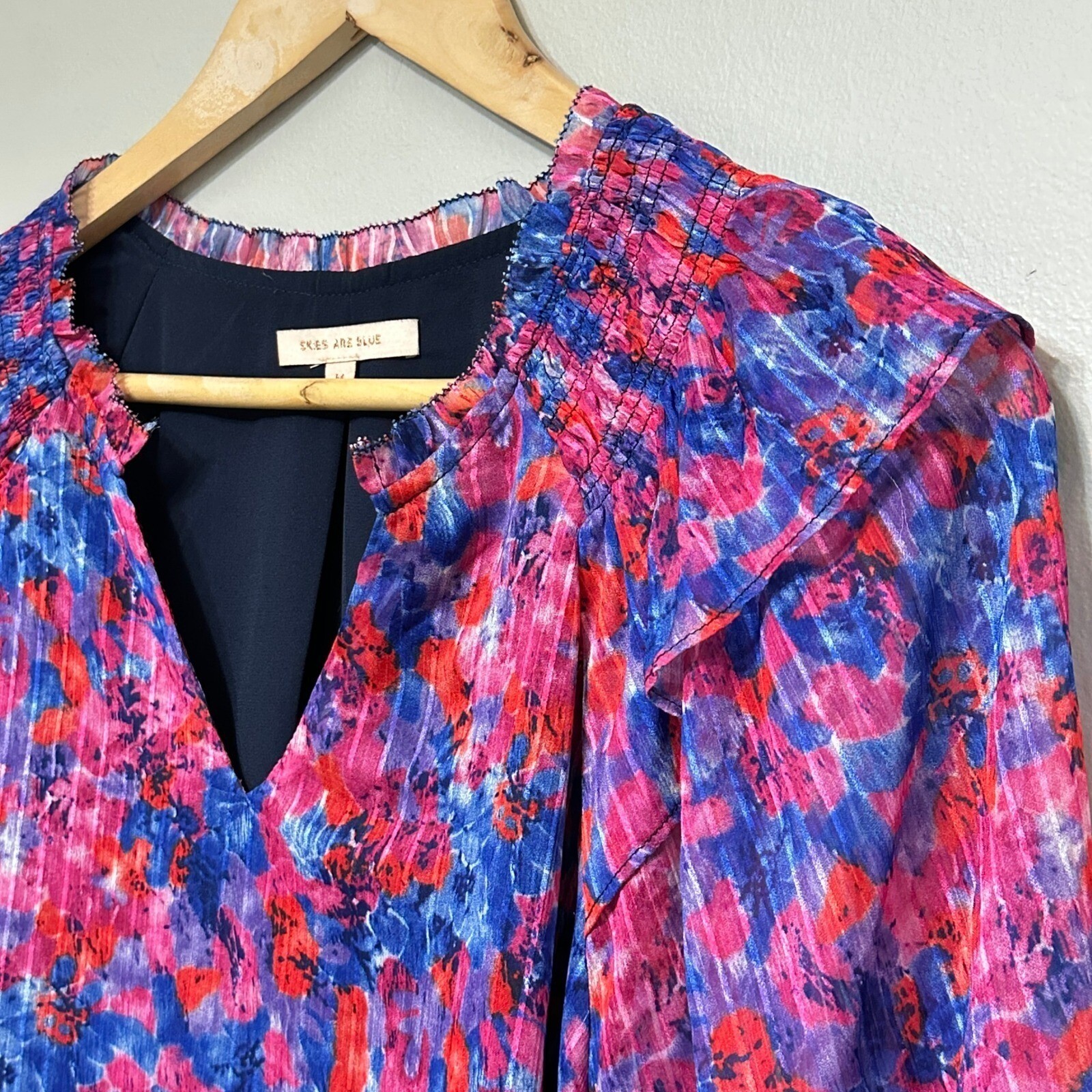 Skies Are Blue Floral Balloon Sleeve Blouse Women M Pink Ruffle Airy Flowy Sheer