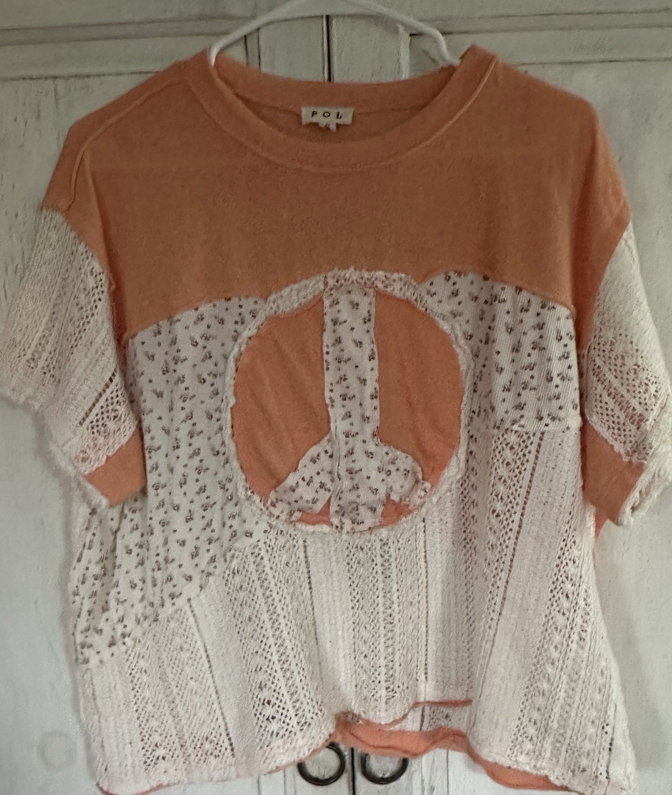 POL Women Small Peace Mixed Media Crochet Lace Oversized Top Boho Indie Cottage