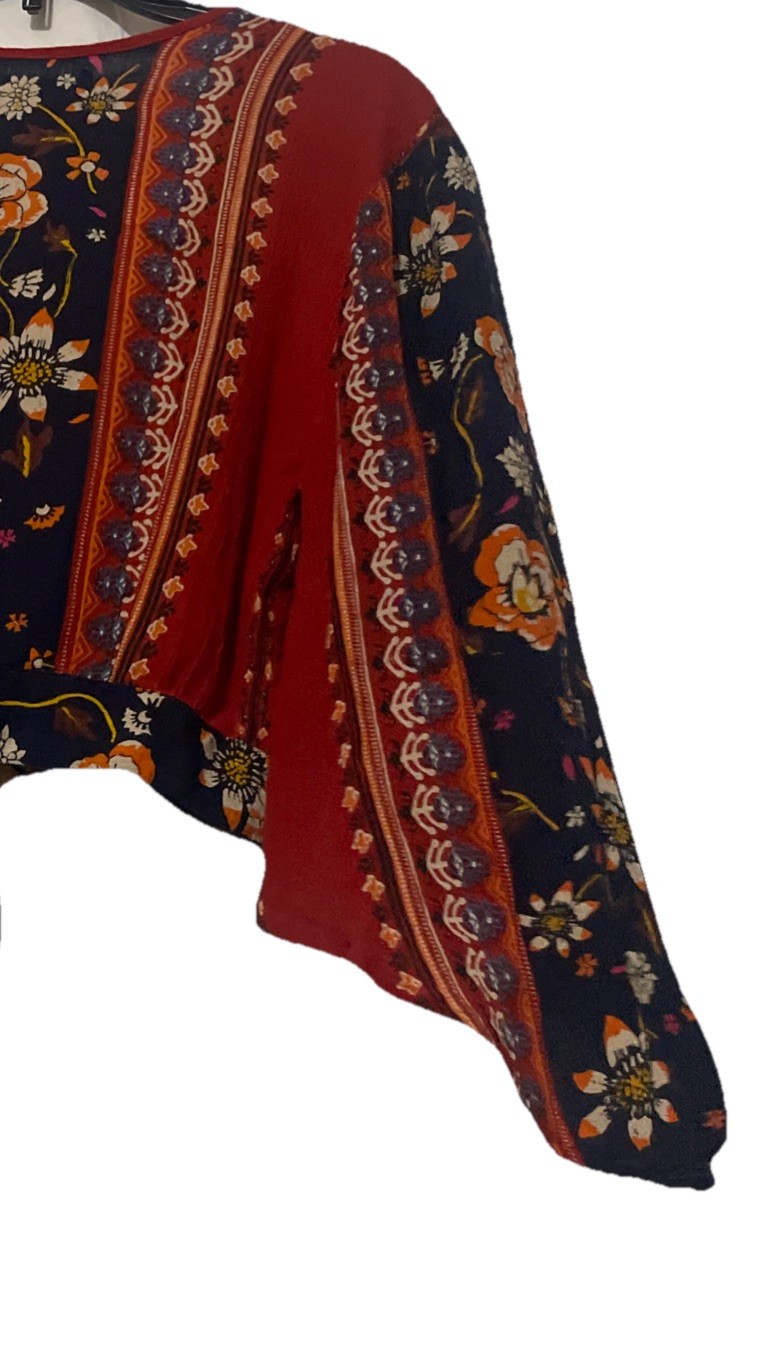 Band of Gypsies Boho Floral Tie Front Crop Top Wide Bell Sleeve Navy Red Small
