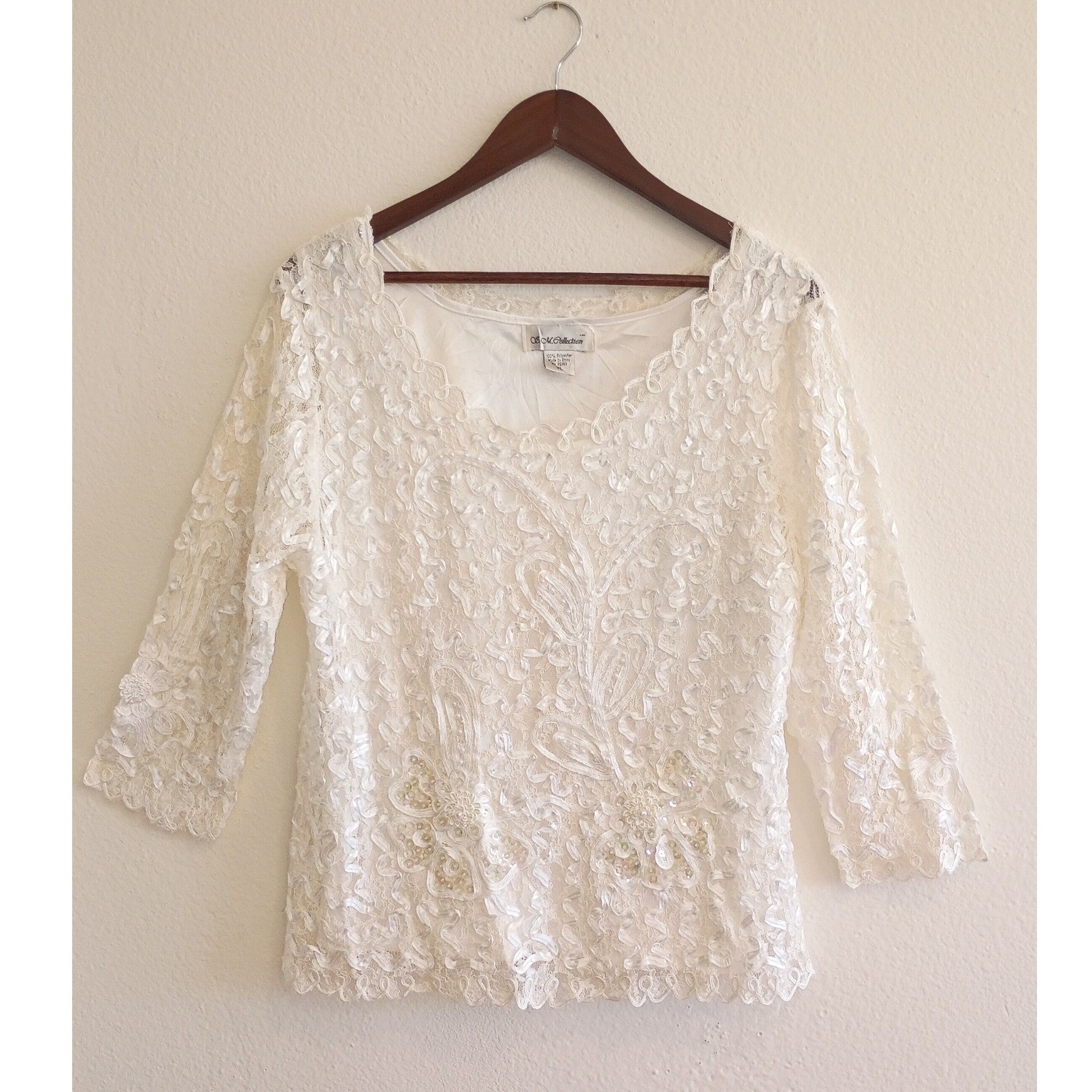 Vintage S.M. Collection Ivory Lace Ribbon Embroidered Blouse Pearl Sequin XL