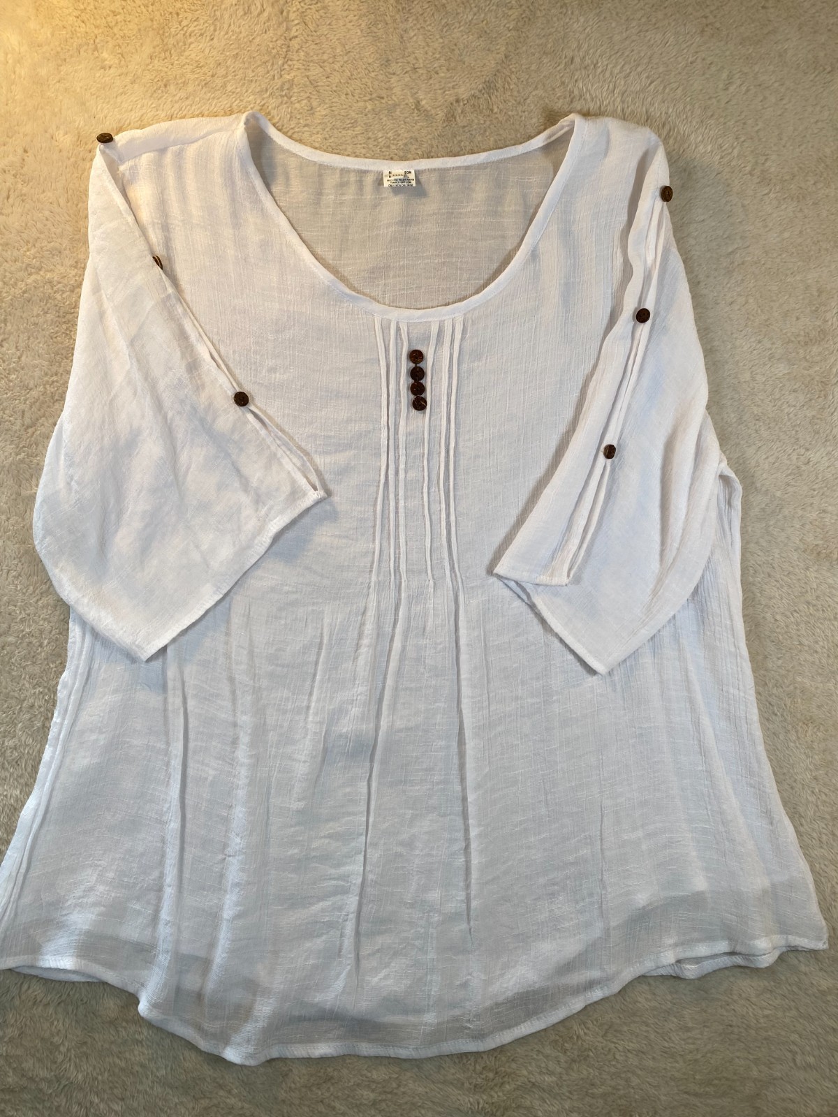 Silk and Cotton Blend Blouse Pintuck Button Accented Sleeves