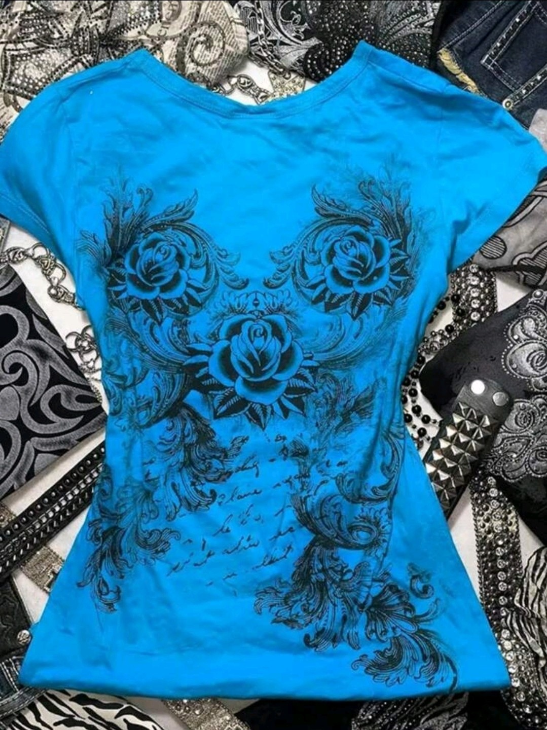 Y2K Women’s Blue Short Sleeve Cross Flower Graphic Tee Size S, M, L,