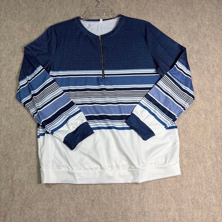 Striped Long Sleeve Quarter Zip Pullover Women M Blue White Polyester Casual Top