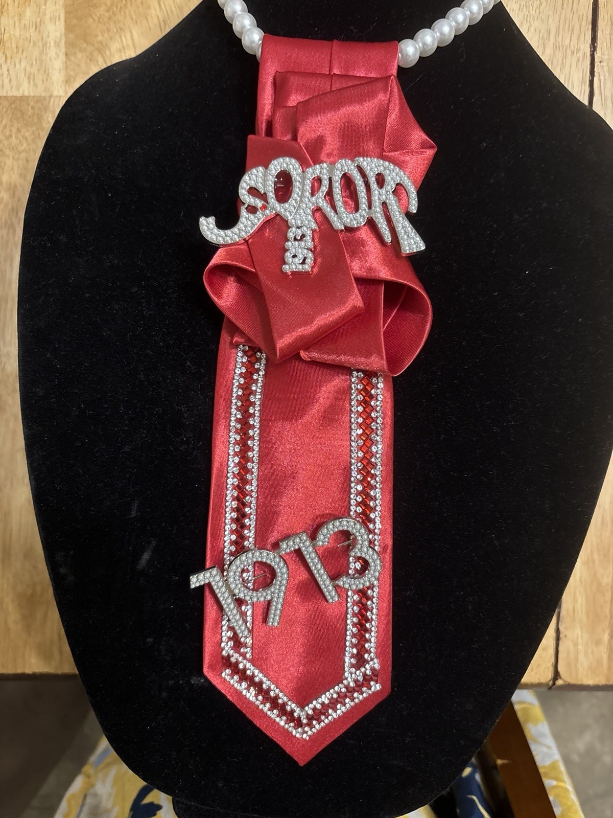 Women’s Red Satin Pointed Tie with Rhinestone Accents, Sorority