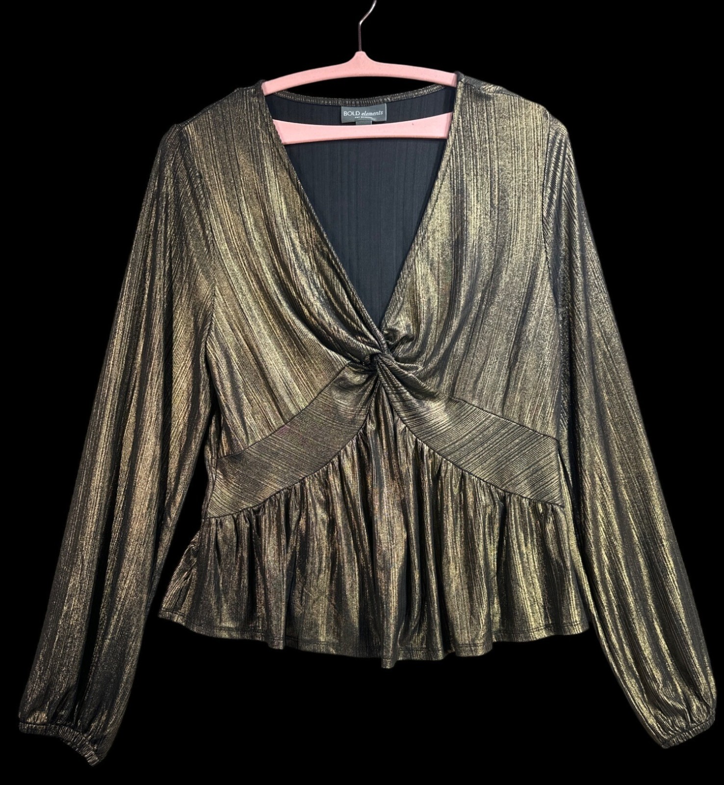 Bold Elements Women’s Gold Foil V-Neck Top Sz XL Stretch Party Cruise Wedding