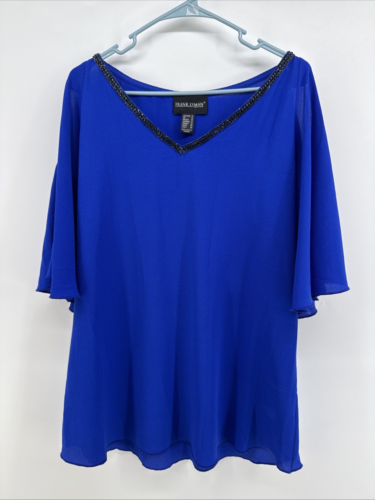 Frank Lyman Royal Blue Flowy Top Blouse Cold Shoulder Dolman Batwing Sleeves 12