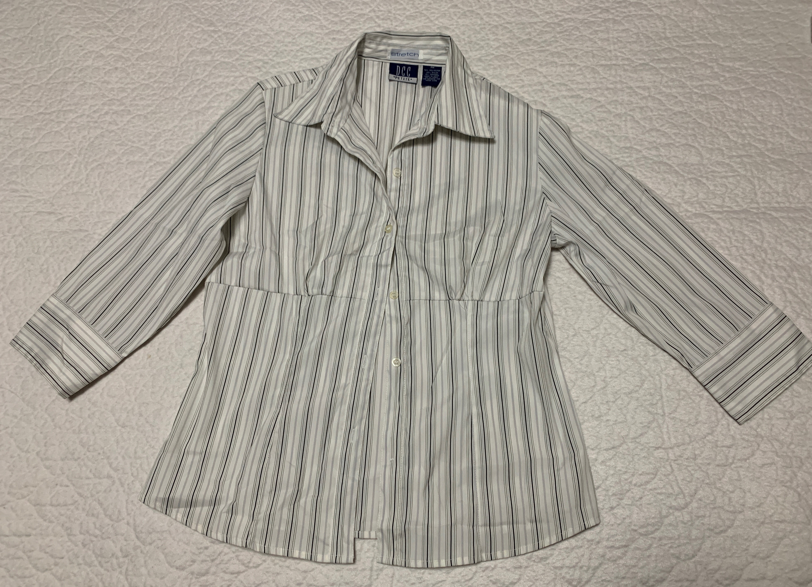 NWT DCC Missy White Black Striped Shirt Blouse Button Front Easy Care Stretch PM