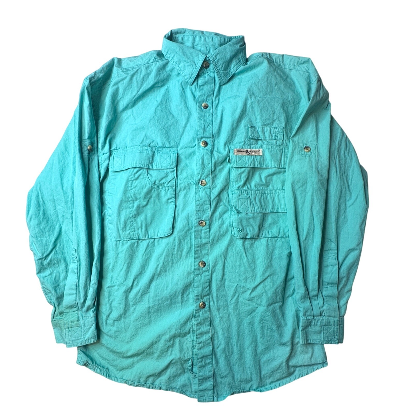 Hook & Tackle Fishing Shirt Womens S Teal Button Up Long Sleeve Vented Cotton