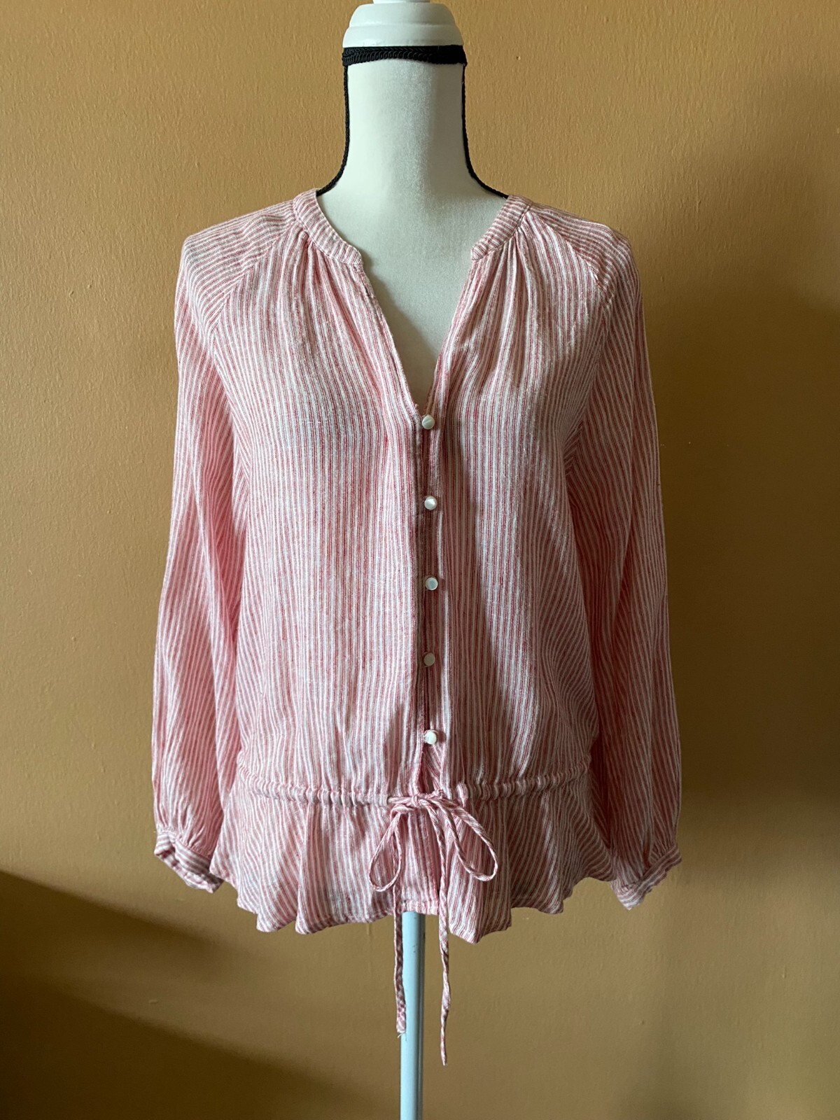 Rails Marti Scarlet Red Stripe Linen Blend Cinched Waist Shirt Top Size Medium