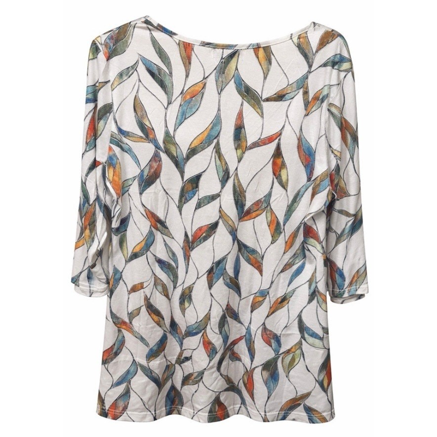 NWT OFEEFAN Wns Large Boho Coastal Leaf Print VNeck 3/4 Sleeve Flowy Tunic top