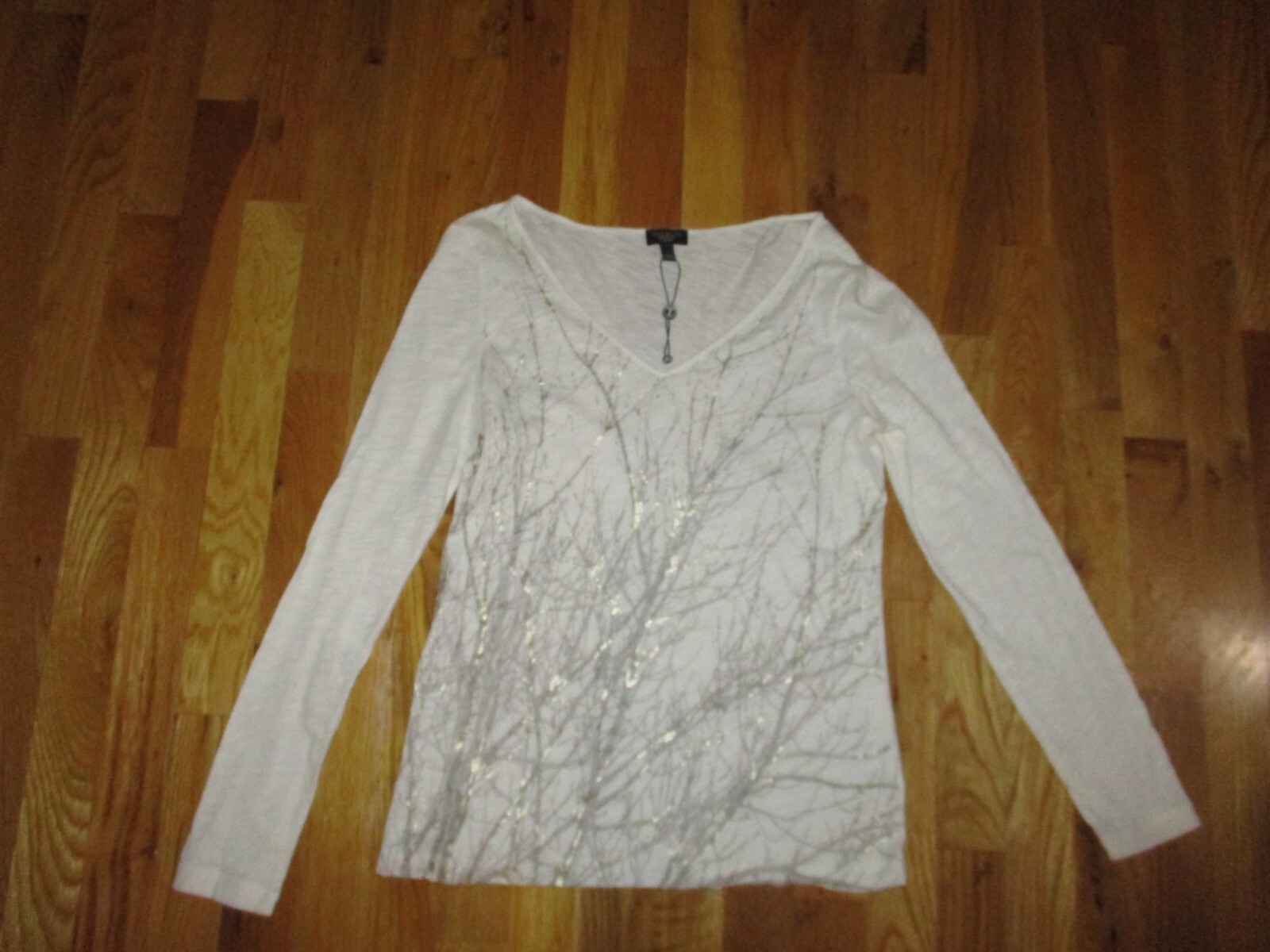 NWOT Talbots Ivory Metallic Taupe Gold Bare Trees V Neck LS T-Shirt Size S