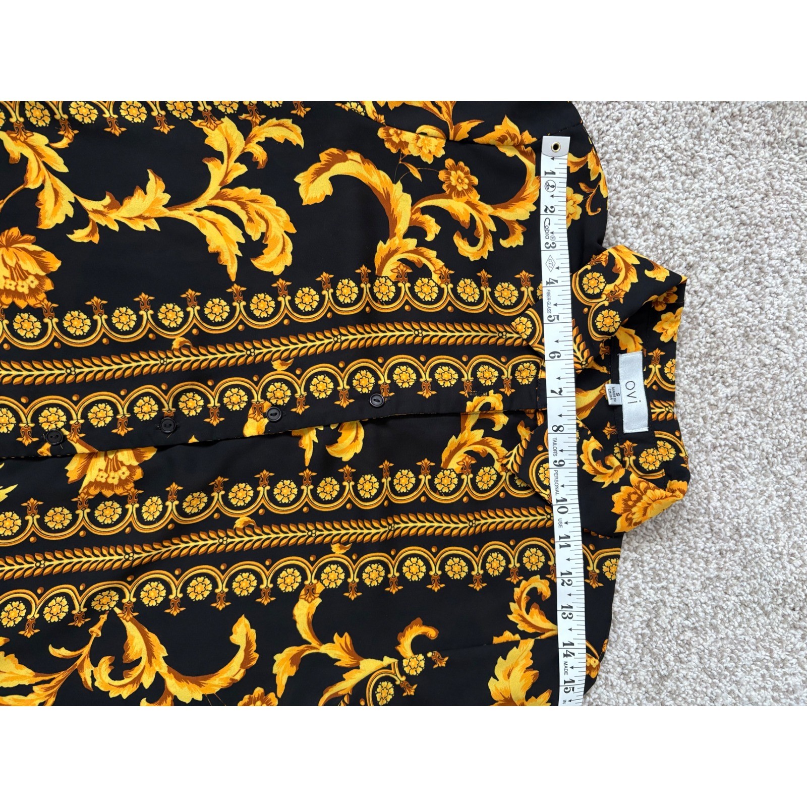 Ovi Women’s S Black Gold Baroque Scroll Floral Print Button Down Money Top