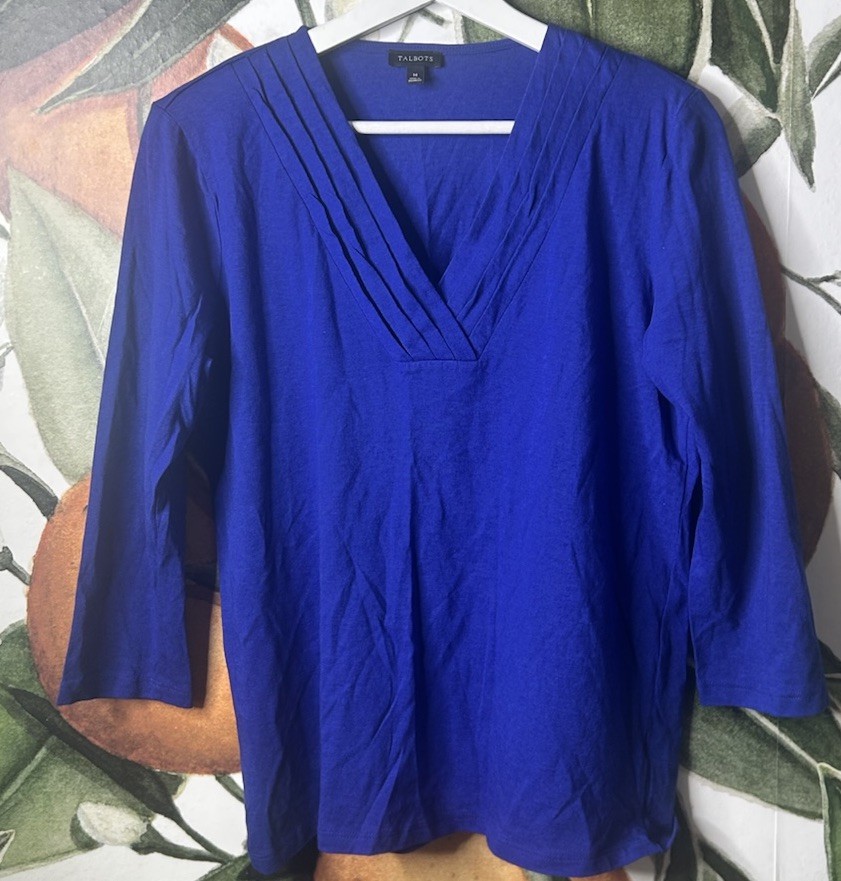 Talbots Medium Medium Pleated Neckline 3/4 Sleeves Cotton Modal Blend Shirt Top