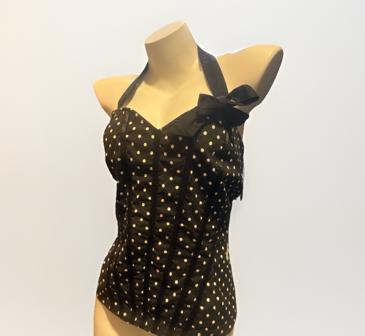 Vintage Y2K Black Polka Dot Halter Top Bustier Glam Goth Rockabilly Retro XL