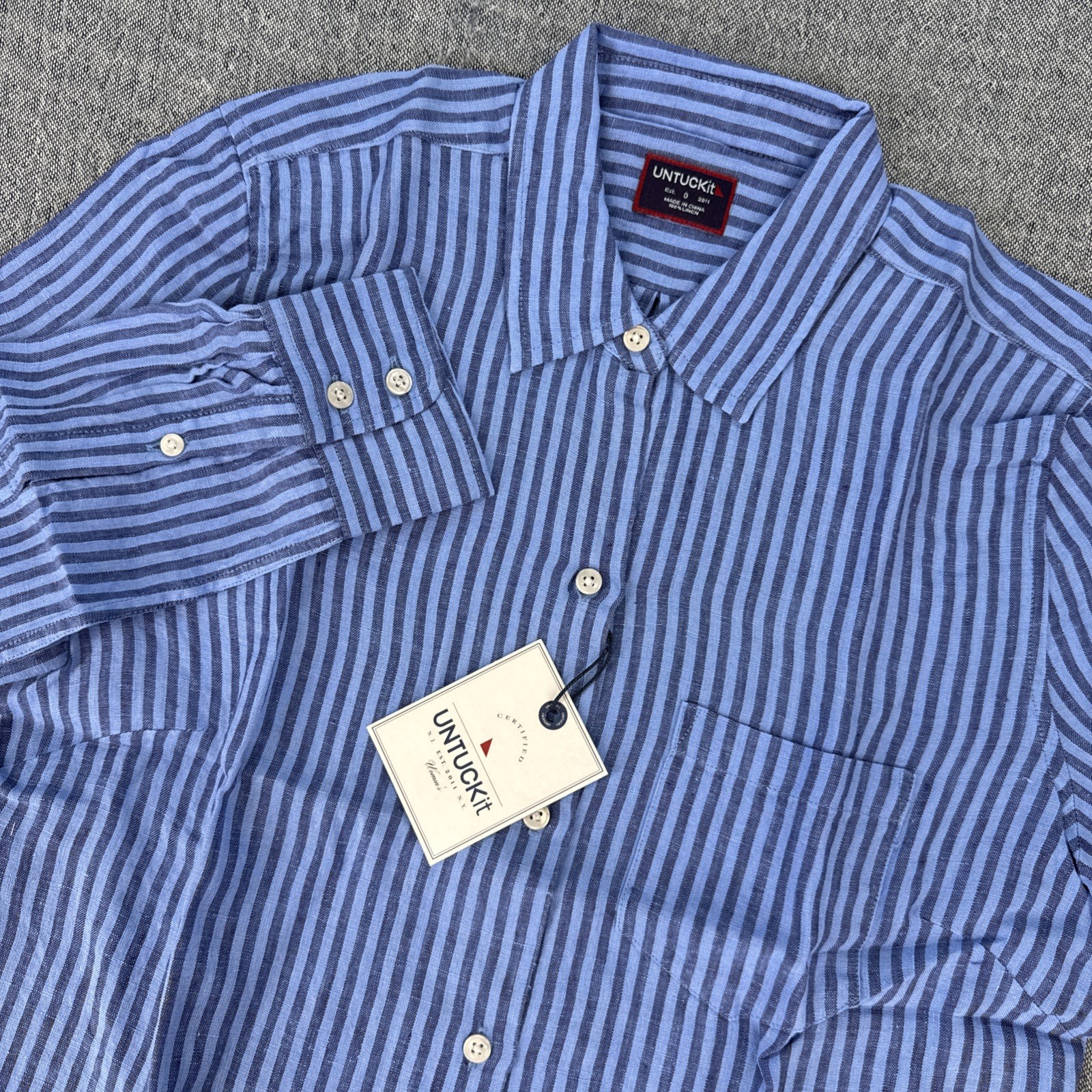 UNTUCKit Marsala Womens Linen Long Sleeve Button Up Shirt Blue Stripe PICK SIZE