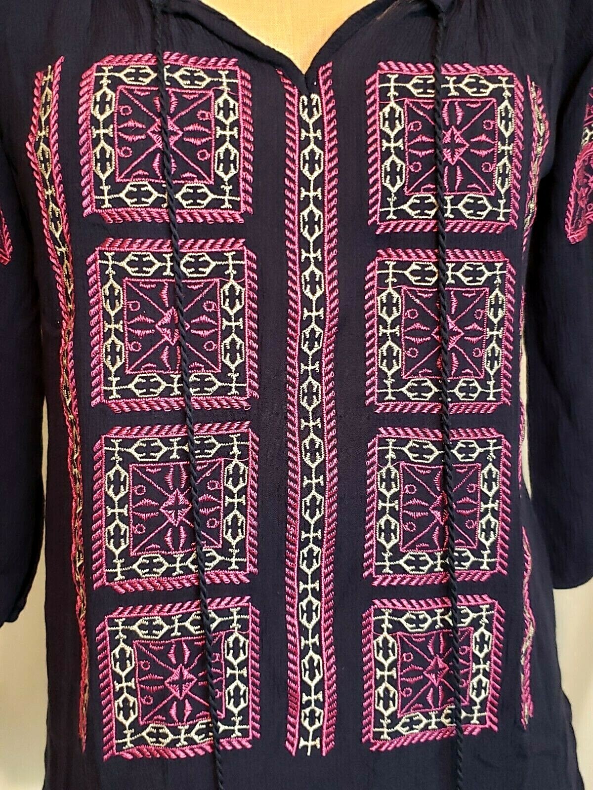 Solitaire Blouse Embroidered 3/4 Sleeve Tassels Hippie Boho Peasant Gypsy size S