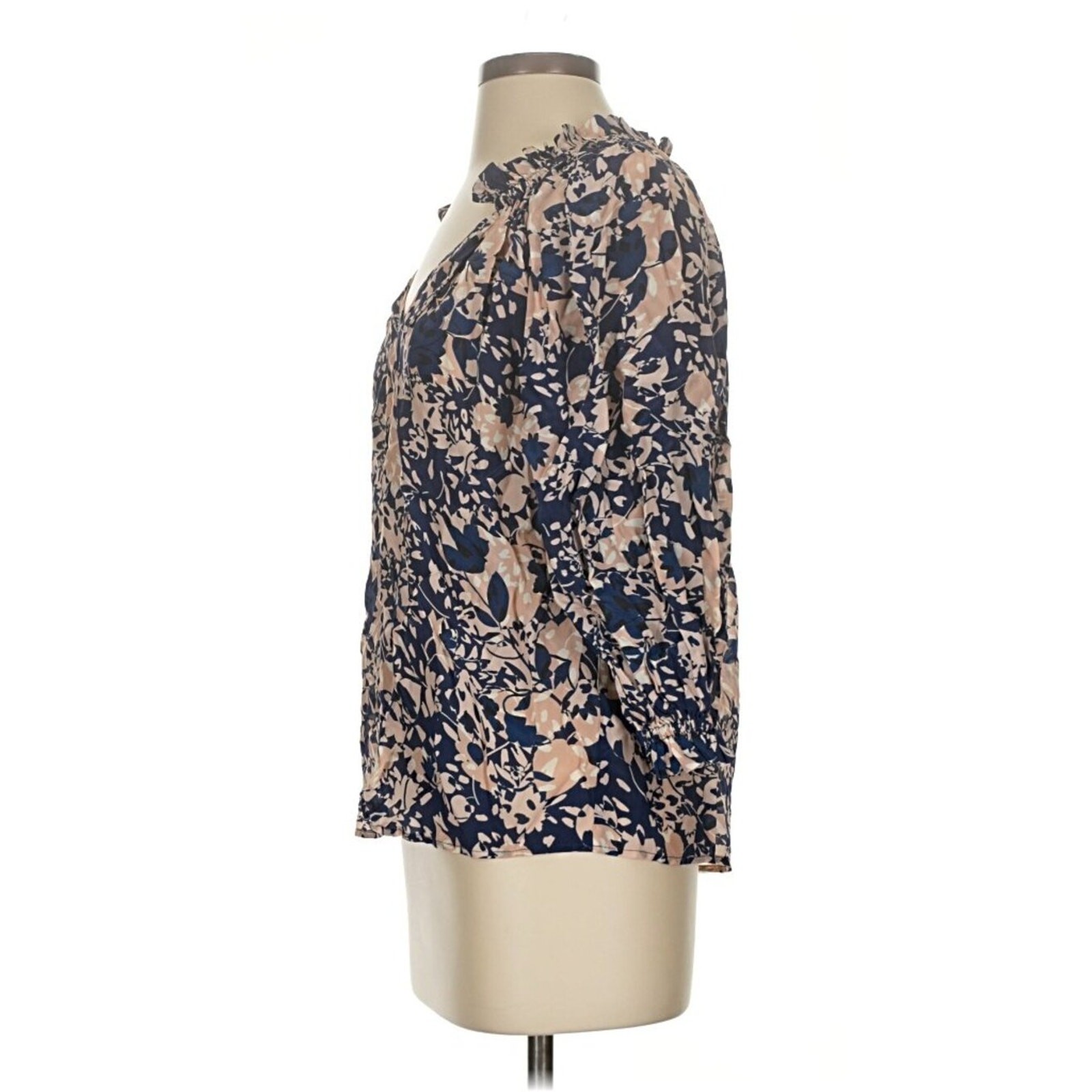 NWT Gilner Farrar Ellie Floral Blouse XS Navy Cream Tan Coastal Beach Ruffle Top