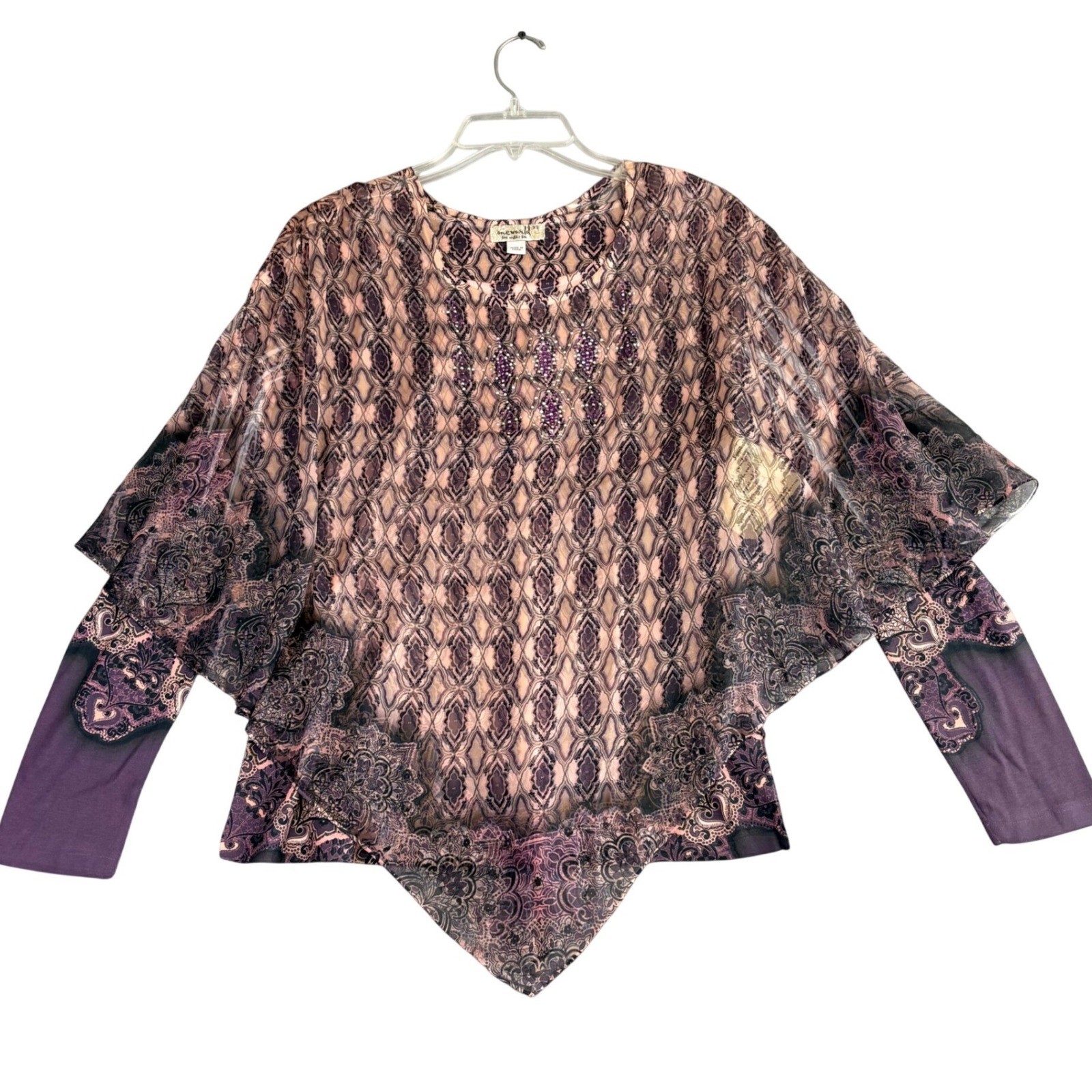 One World Womens XS Cape & Long Sleeve Embellished Top Blouse Boho Fairy NWT