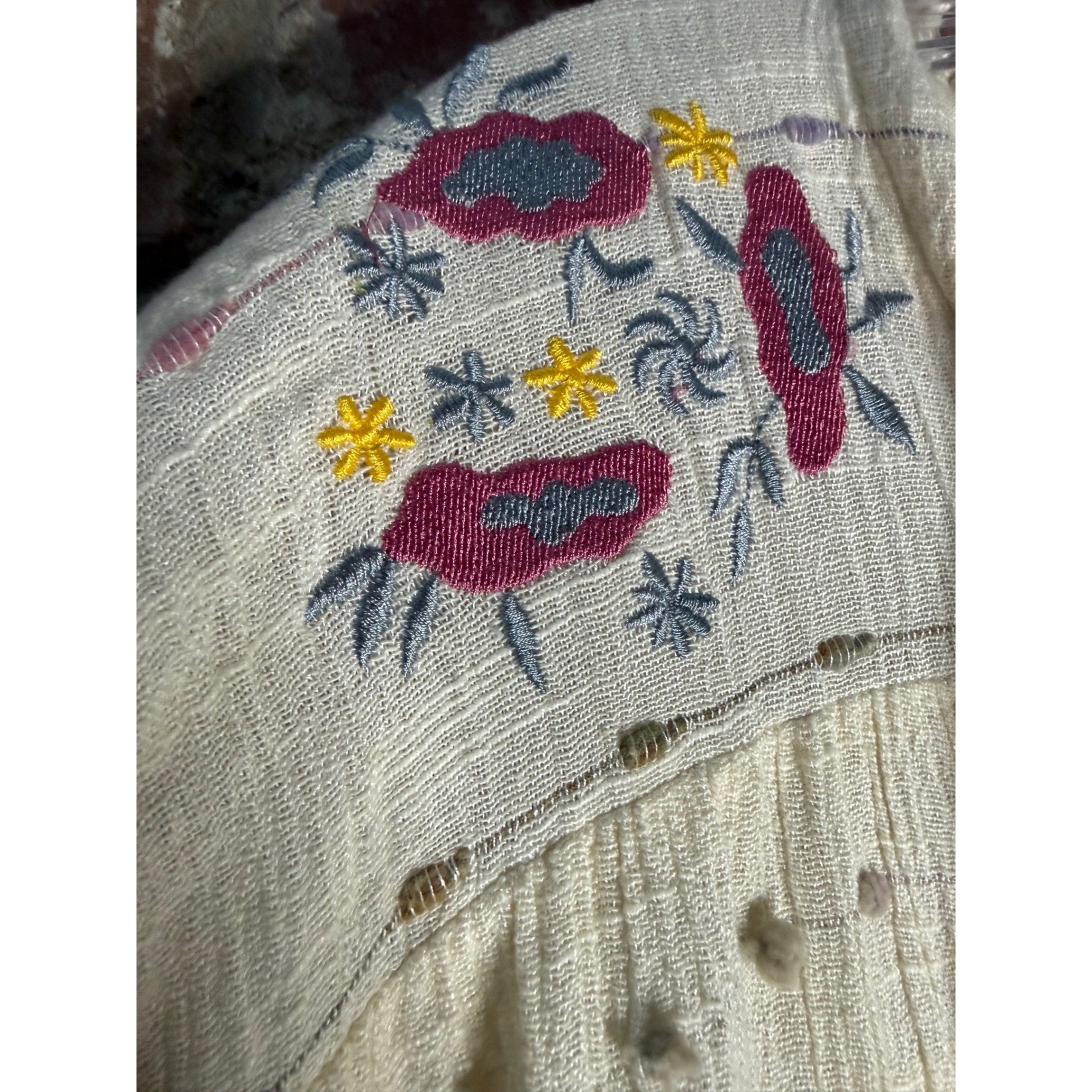 Earthbound Trading Co Cream Embroidered Gauze Tassel Tunic Top Womens Medium