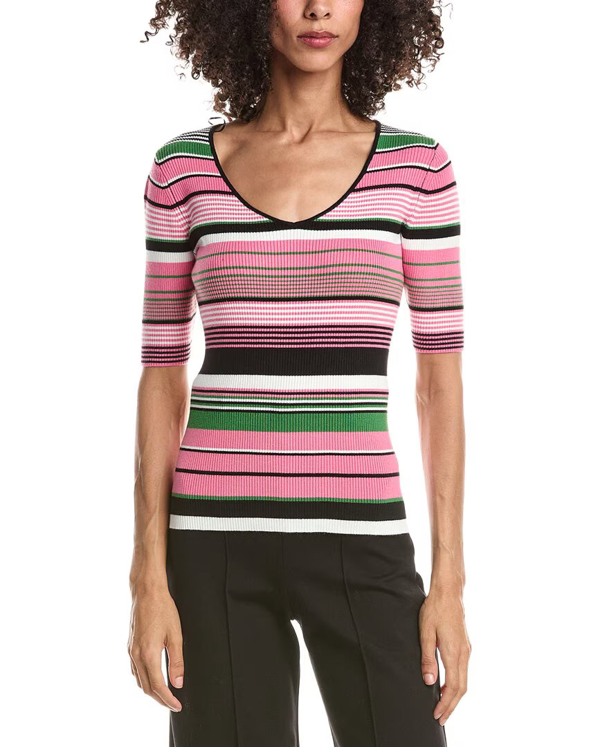 T Tahari Elbow Sleeve Variegated Rib V-Neck Pullover Women’s