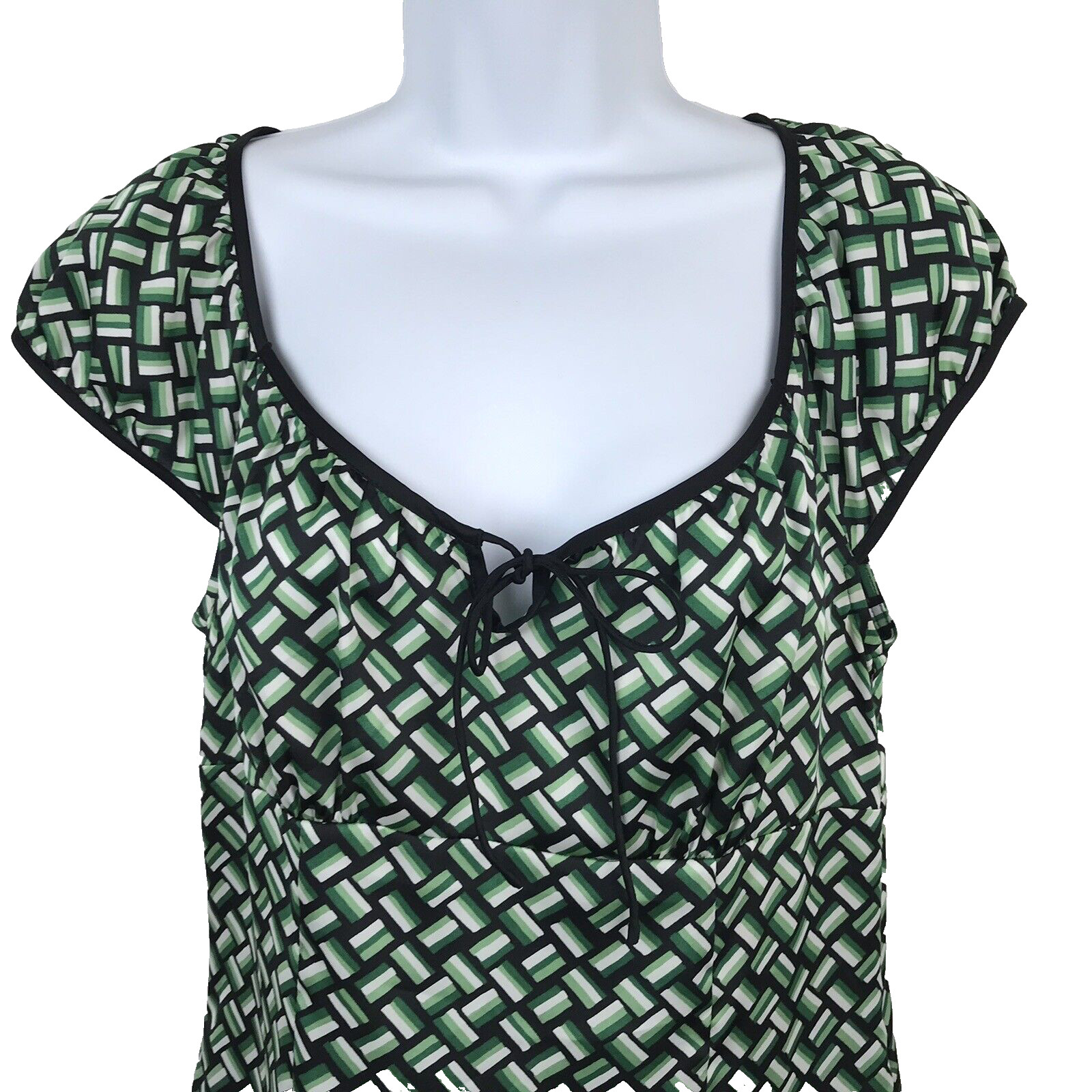 LOFT Top Blouse Womens 4 Green Ivory Black Geometric Print Cap Sleeve Tie Front
