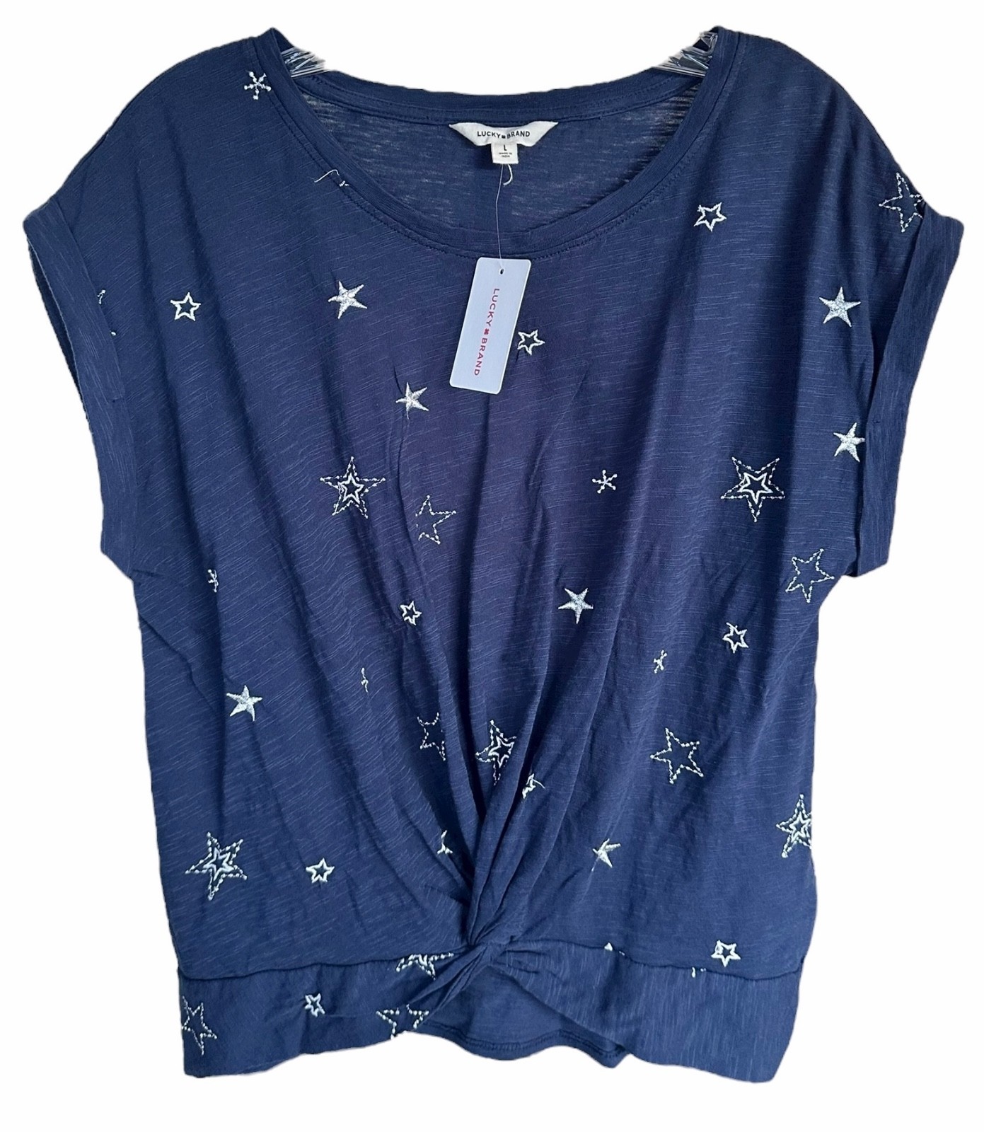 Lucky Brand Women’s Short Sleeve Twist Front Top Stars Print Cotton Size XL Navy
