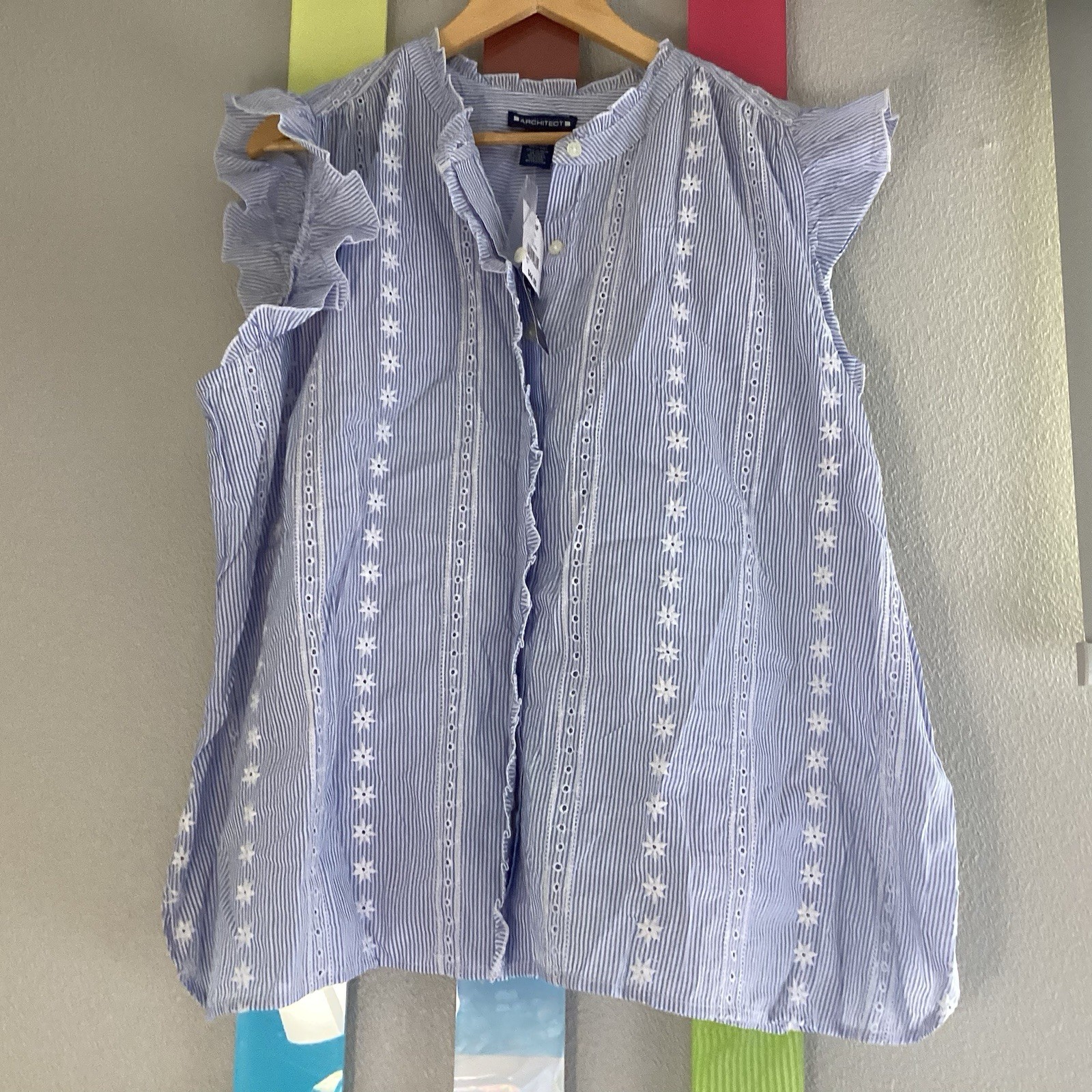 New Architect Women’s Blouse Plus Size 3X Embroidered Eyelet Ruffle Blue Cotton